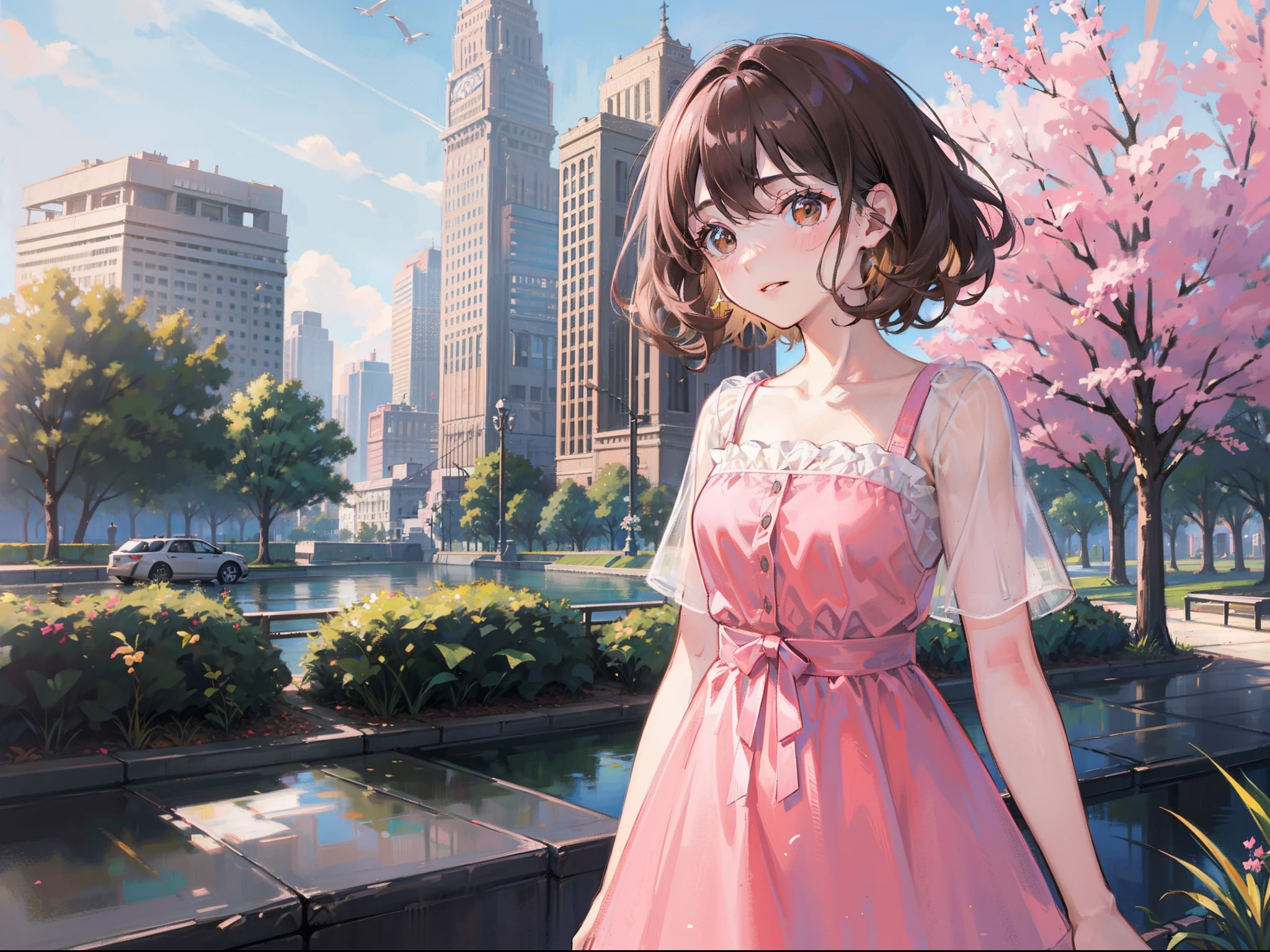 girl with curly hair, short hair, dark brown hair, light brown eyes, pink dress, around 16 years, in a city park, sunny day, Shades of pink and yellow, Expansive image, 4k, high quality, best details