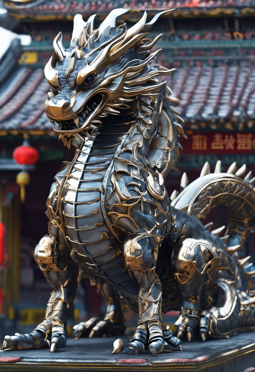 1 mechanical Chinese wind dragon，frontage，（（hyper realistic detailed）），sportrait，globalillumination，shadowing，rendering by octane，8k，Super sharp，metals，复杂，Decorations detailed，cool colours，egypician detail，highly intricate detail，realistic raytraicing，CGSociety trends，glowing light eyes，facing at the camera，neon light detail，Mechanical limbs，blood vessels attached to the tube，A mechanical vertebrae attached to the back，Mechanical cervical connection of the neck，sitted，wires and cables connecting to head