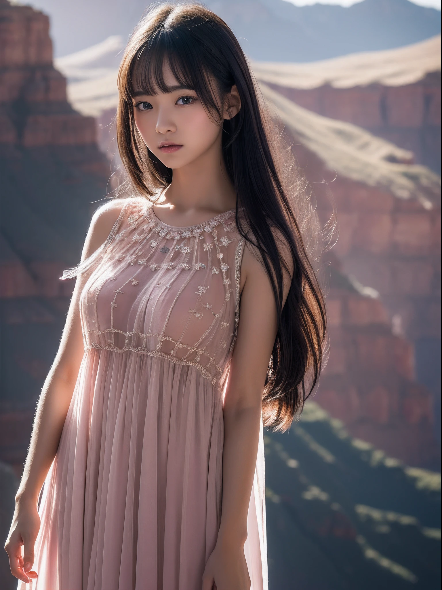 the Extremely Detailed CG Unity 8K Wallpapers、top-quality、ultra-detailliert、masterpiece、studio shoot、Full body portrait、(Chiffon Lashing Dress:1.4), realisitic、Behind the photo、large full breasts、realisitic、Photo Real、extremely detailed cute girl、独奏、sixteen years old、Melancholy look, (Grand Canyon ,USA), A dark-haired, Long Bob, out of focus、blur、