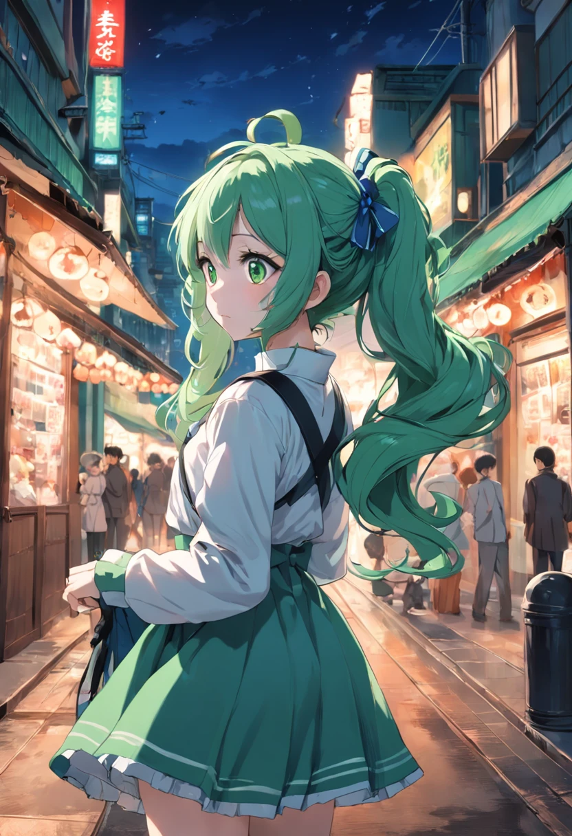 Green-colored hair，Double ponytail curls，blue color eyes，White Lolita，A bustling city street