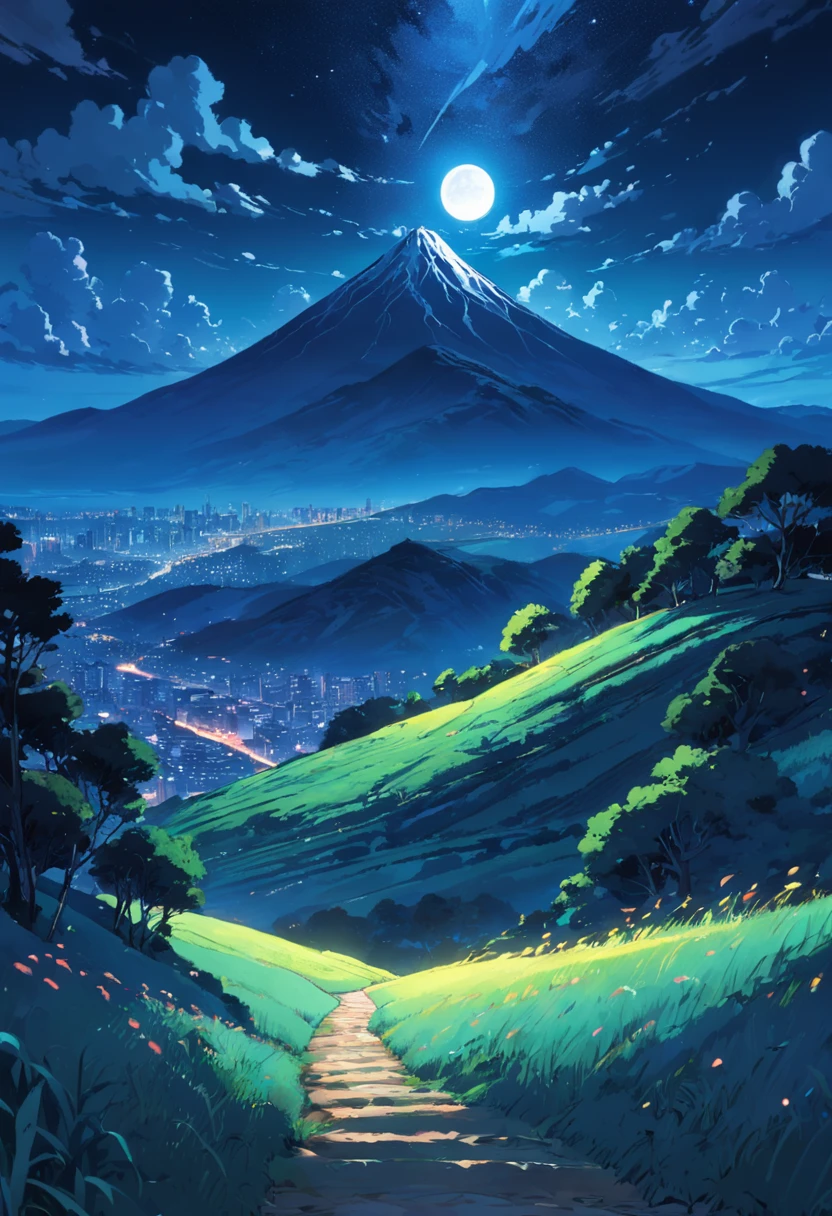 The hillsides are layered,Take up the entire picture,Blue and black color scheme,Pointillism,Illustration style,Moonlit hillside,serenity and calm,Fresh and natural,Large expanses of hillside turf,The hillside stretches from near to far into the sky,Estilo de Makoto Shinkai,scenecy,high qulity,Tall hillside turf