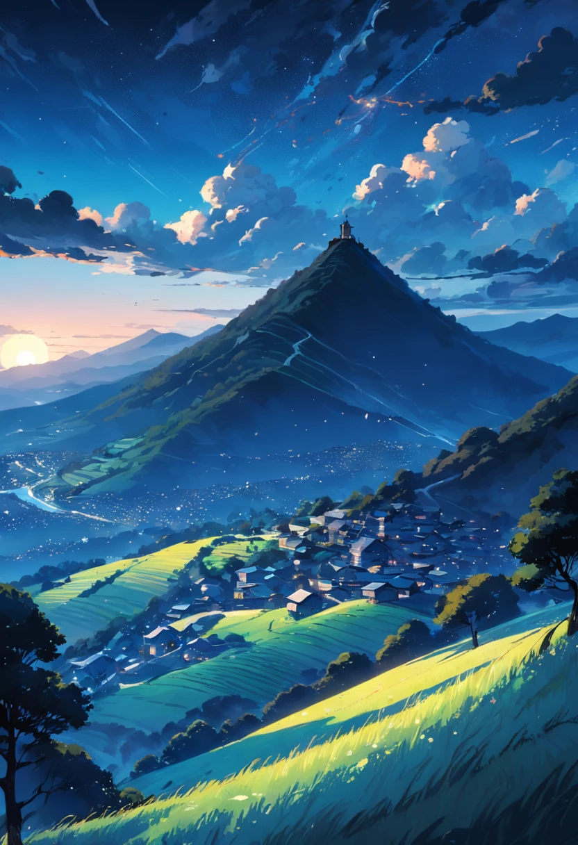 The hillsides are layered,Take up the entire picture,Blue and black color scheme,Pointillism,Illustration style,Moonlit hillside,serenity and calm,Fresh and natural,Large expanses of hillside turf,The hillside stretches from near to far into the sky,Estilo de Makoto Shinkai,scenecy,high qulity,Tall hillside turf