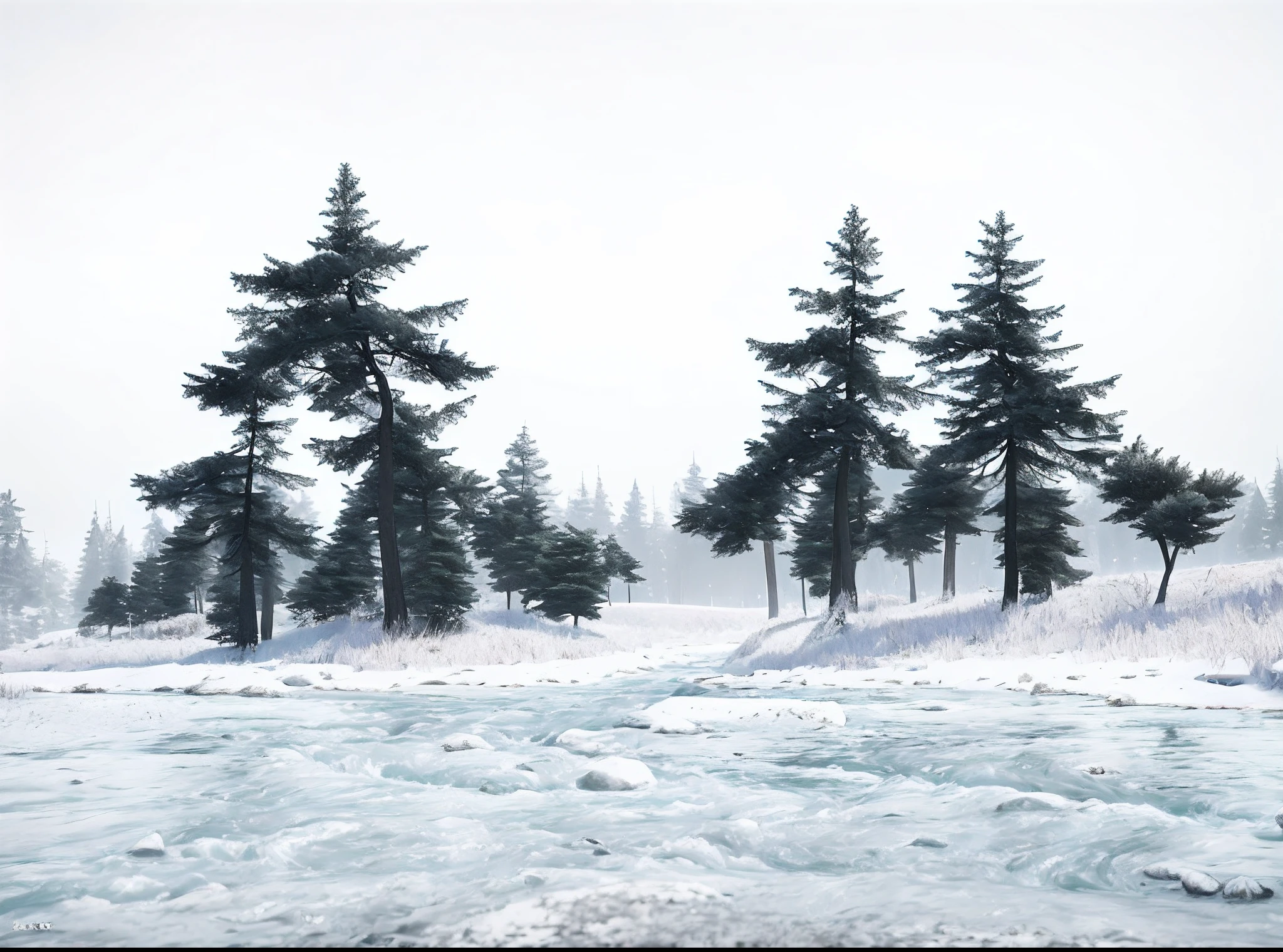 RAW photogr ，ln the forest，There are small trees and a small river, Masterpiece, Best quality, High quality, Extremely detailed Cg Unity 8K wallpaper, award winning photography, Bokeh, Depth of field,
