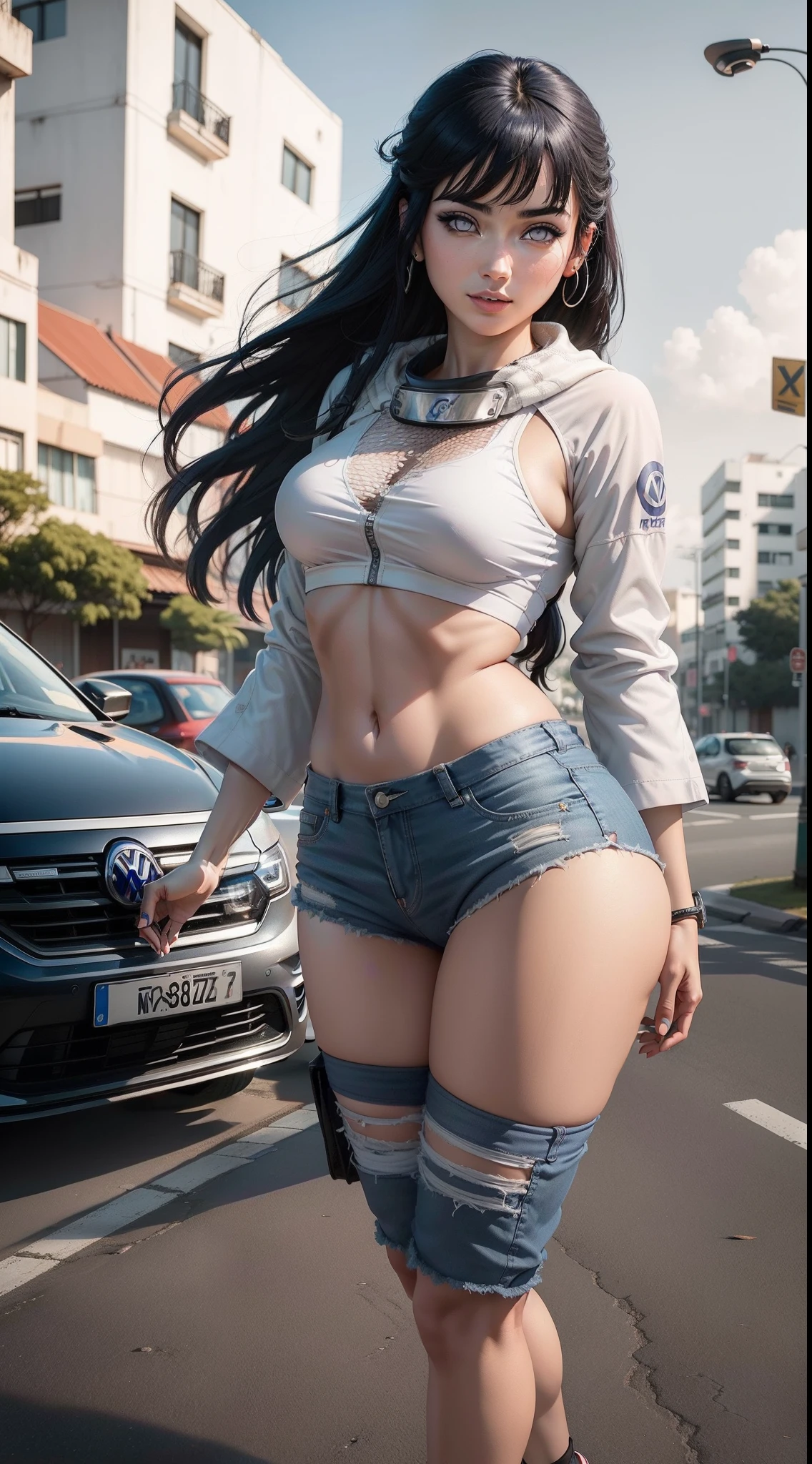 Hinata Hyuga usando roupas curtas, Bunda Grande, pernas grossas, Funkeira, Brasileira, extremamente sexy, rebolando, dancing funk, short curto, mostrando metade da bunda, bunda Grande, pernas grossas, cabelos longos, Nike Air Jordan sneakers, idade entre 18 a 20 anos, volkswagen Saveiro no fundo, com som ligado, alto falantes, in the city of Balneário Camboriú in Brazil, realista, 8K, extremamente detalhado, Xiaomi in the hands