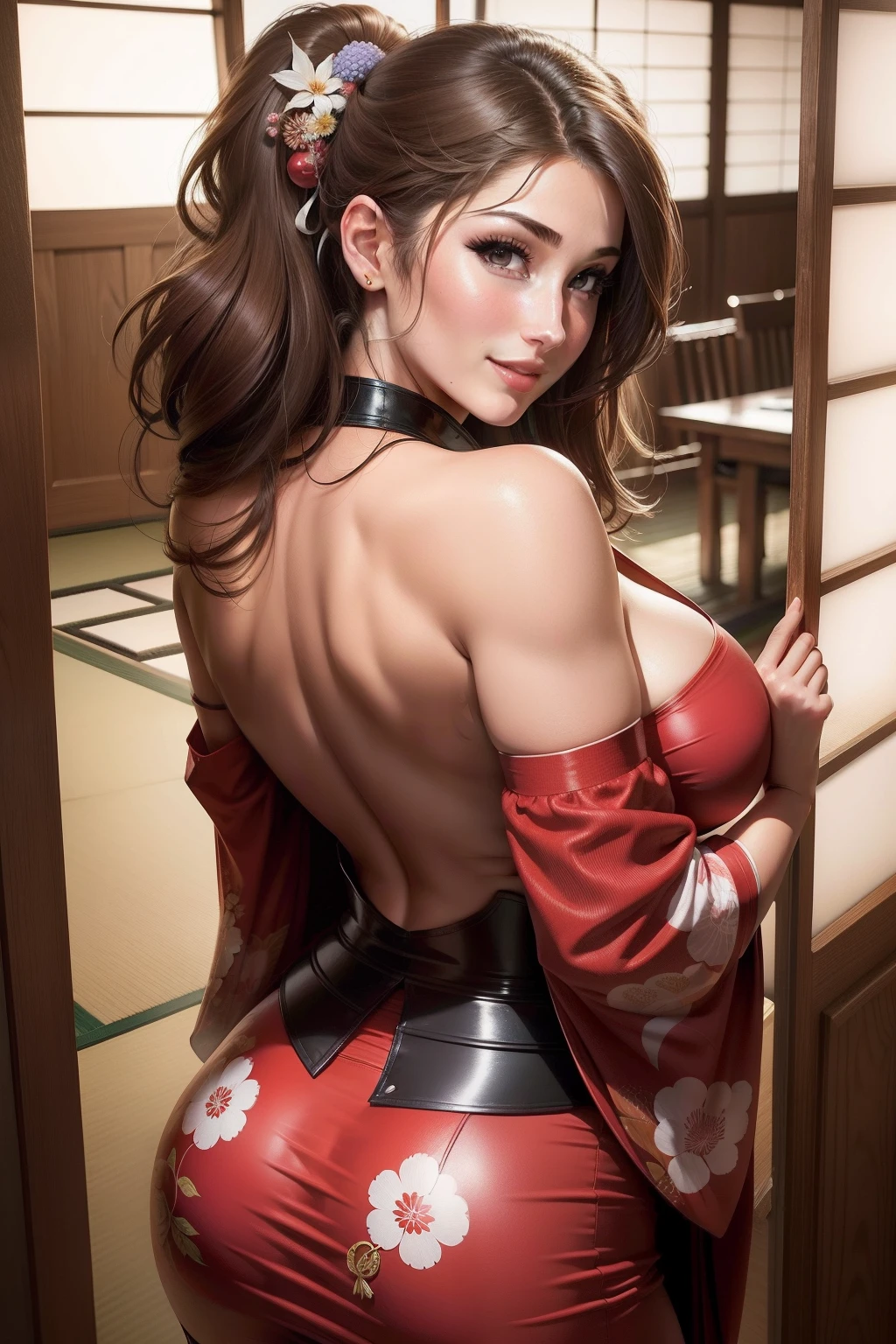 lucy pinder, portrait, back, japanese outfit, smiling, sexy