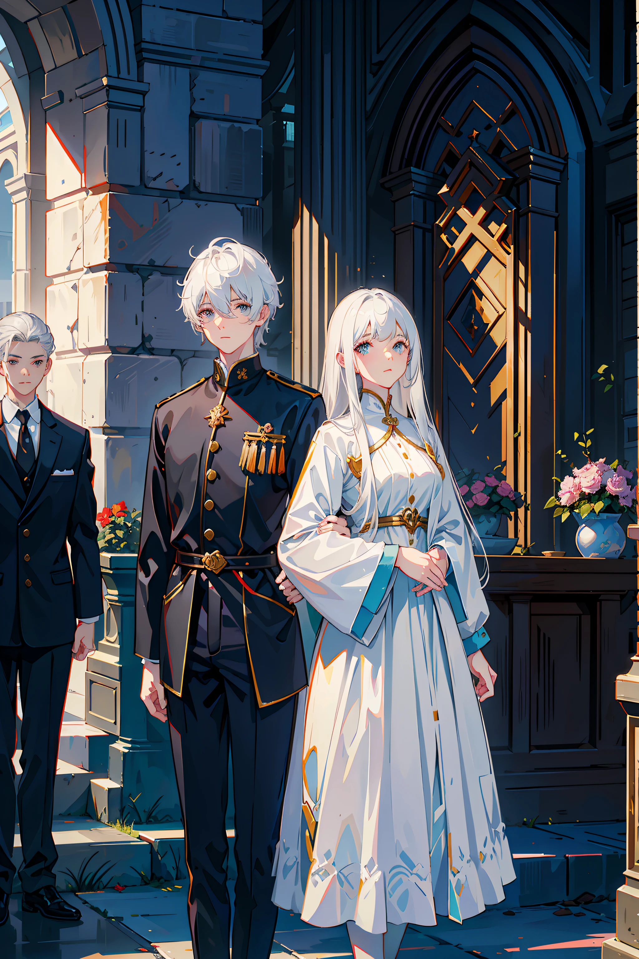【a young man and a woman】，Male brunette hair，Female white hair，Male 14 years old，The female is 15 years old，Stand in front of the large bell of the church，16k,Ultra high quality，Stand in front of the large bell of the church，Touch each other's faces，Younger brother 1.5 meters，Sister 1.7m，The male is short，Female high，Men have a strong desire to protect women，Women love men，full face blush，absurderes