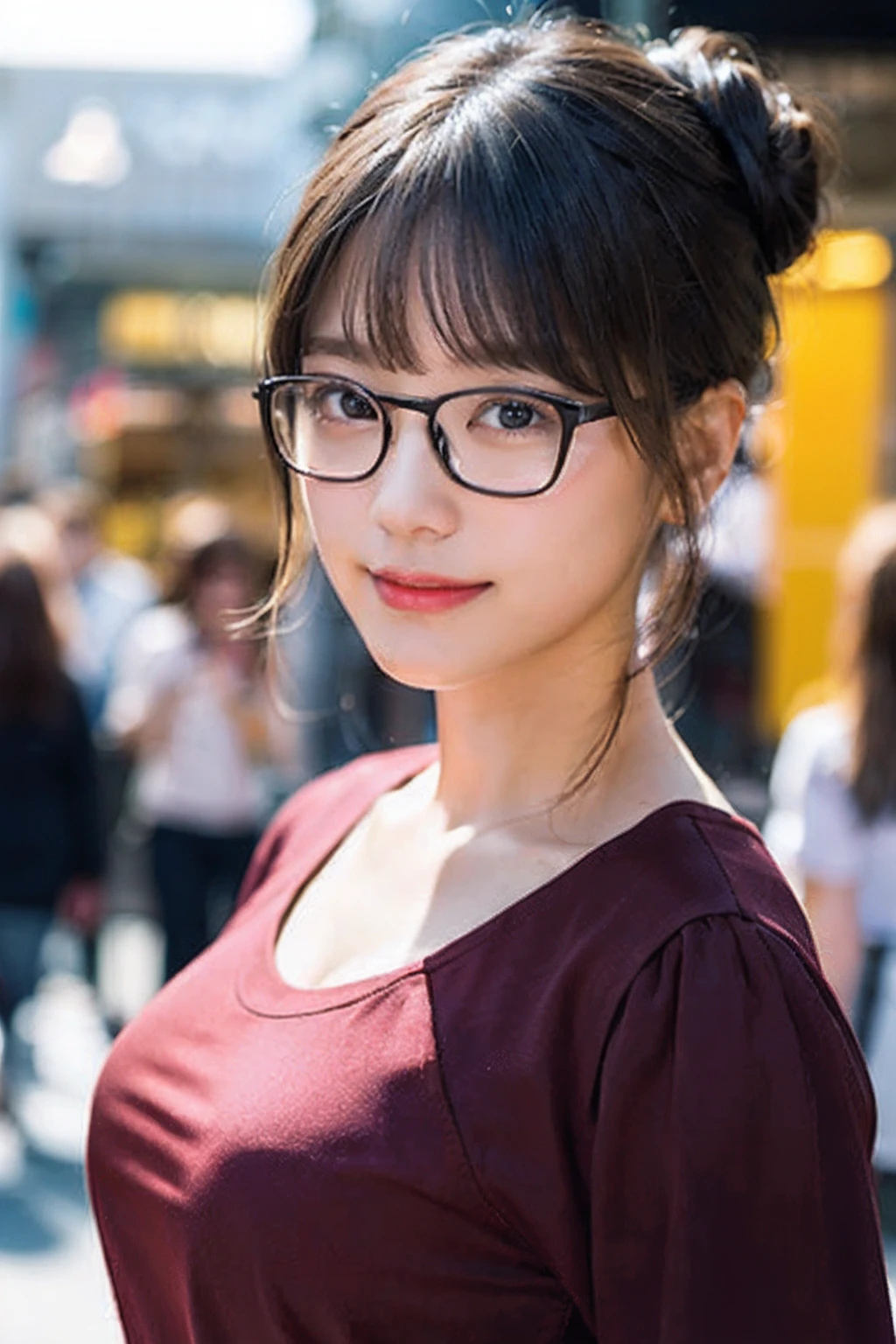 (8K、Raw photography、top-quality、​masterpiece:1.2)、(realisitic、Photorealsitic:1.37)、ultra-detailliert、超A high resolution、女の子1人、see the beholder、beautifull detailed face、A smile、Constriction、(Slim waist) :1.3)、((Red shirt clothes))、Beautiful detailed skin、Skin Texture、Floating hair、((Hair bunched into one))、large breasts with good shape、Professional Lighting、In front of the station at noon、((Black square glasses))、Whole human body、Brown hair、((I'm on a phone call))、