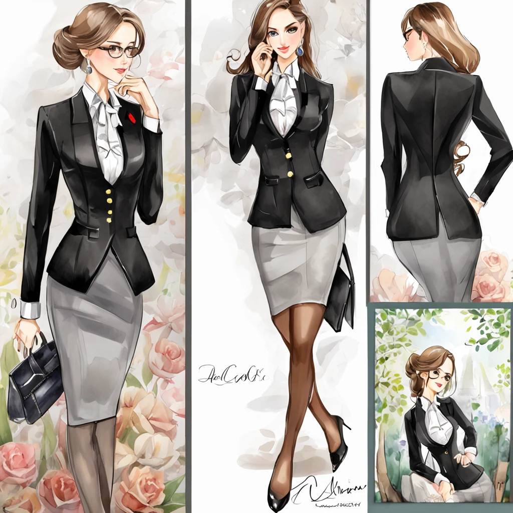Professional outfit black silk sexy secretary body plump
