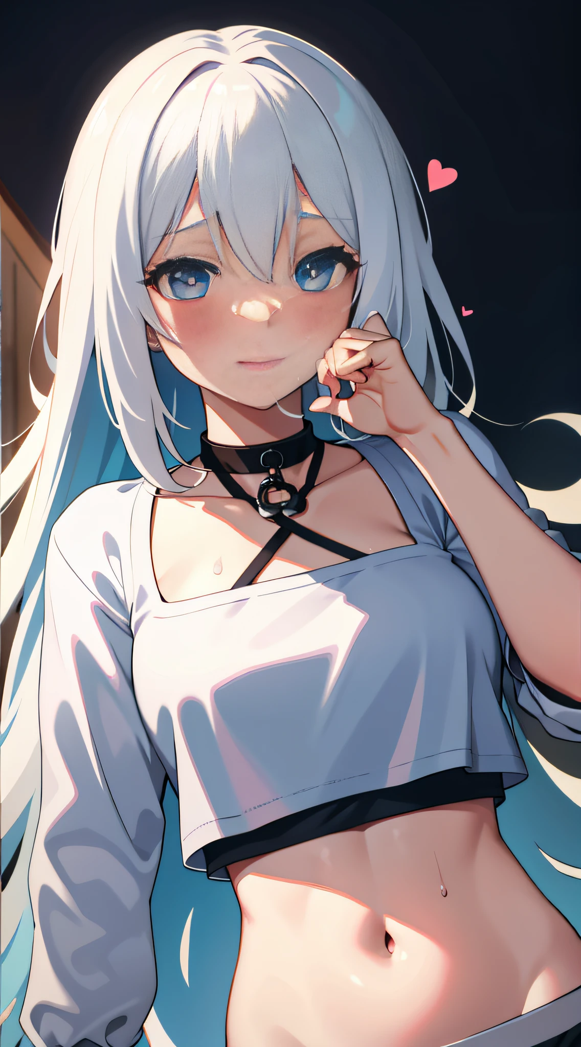 8K high-definition,Highest image quality,1girll,Heart-shaped pupils,finger nails,hand on own face,White hair,Blue eyes,Watery eyes(Blush:1.1),choker necklace,Upper body,Trembling,Sweat,drops of sweat,Heart,(speed-line:1.1),Medium breasts, ((rough breath:1.3)), Love, Heart, Crop top, cheerfulness, Smile