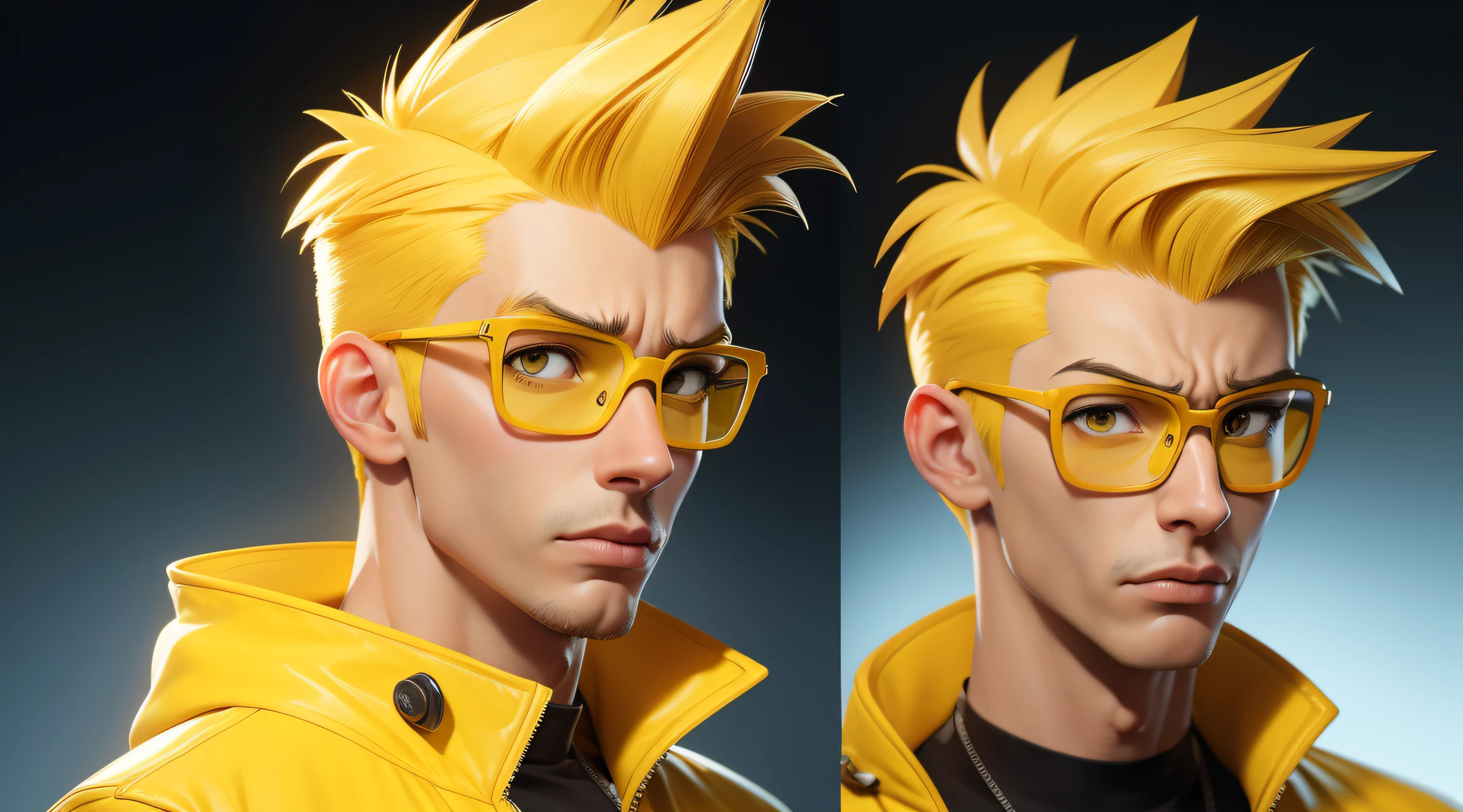 man with yellow quiff hair, wearing yellow glasses, yellow clothes,wearing yellow jacket, speaking, worried expression,great image quality on the face, full body ,white background,style of a Disney Pixar cartoon