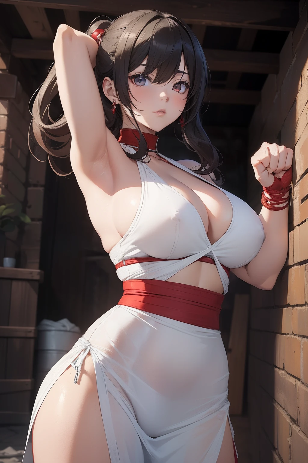 (masterpiece, best quality), ((sexy anime wrapped in dirty white and red linen bondages)), thicc, 8k high quality detailed art, extremely detailed artgerm, artwork in the style of guweiz, black - haired female monk, seductive anime girl, ((background: dark cellar)), ((her fists are wrapped with dirty white linen bondage)), ((both fists in front in fighting position))