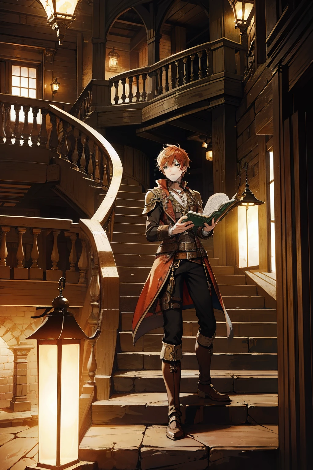 steampunc male people {{ember}} read a book atlibrary spiraling staircase