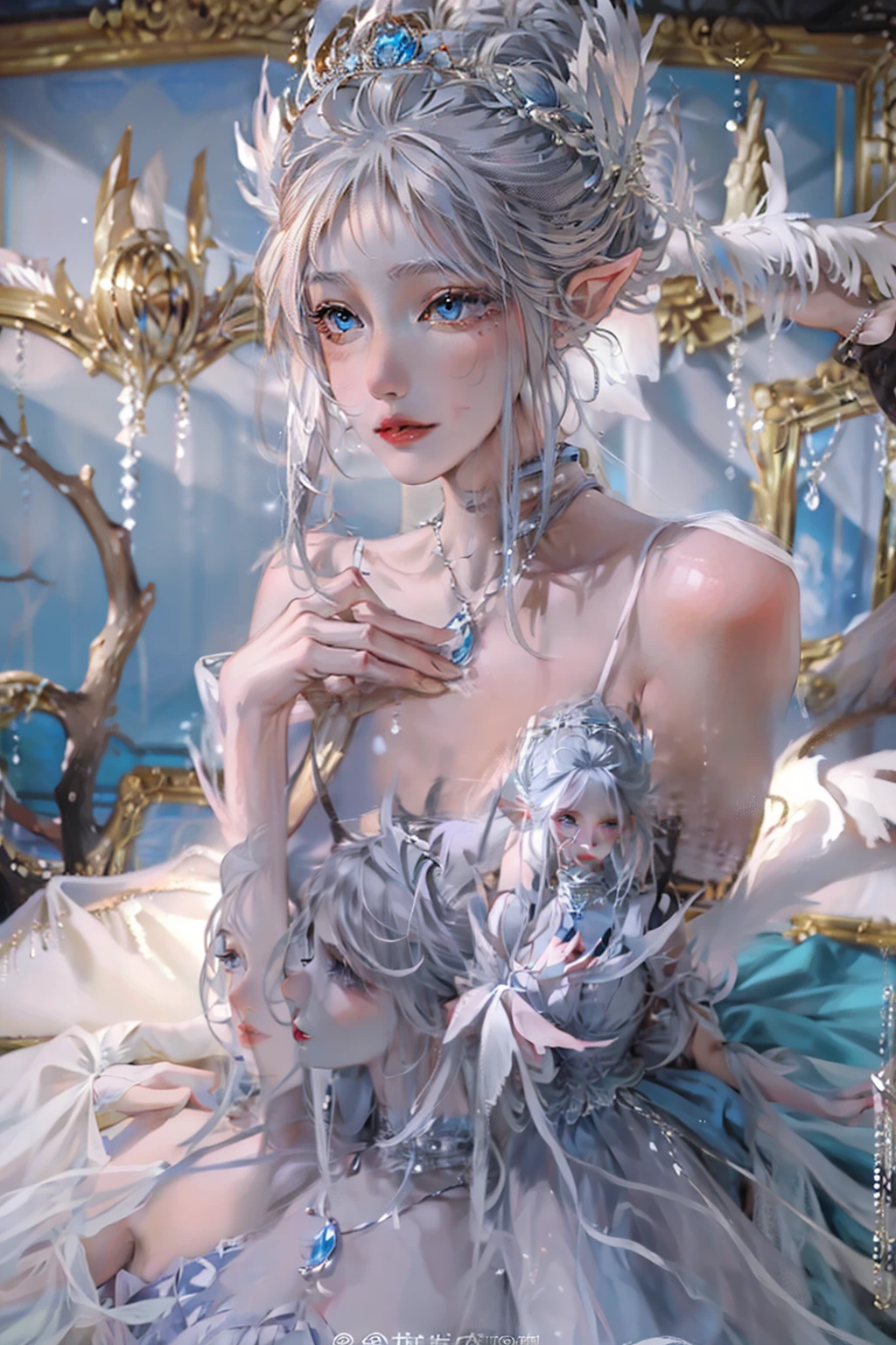 ballerina，Swan Lake，White tutu，Portrait of a ballet actress，Lake reeds，Guviz，Fantasy art style, beautiful fantasy maiden，perfect bodies，Exquisite and perfect facial features，美丽细致的眼睛，long eyelasher，Delicate eyeliner，Blue eyes，Dark pupils，There are bright spots in the eyes，almond eyes，Beautiful lip details，8K high-definition，anatomy correct，Oil painting thick painting style