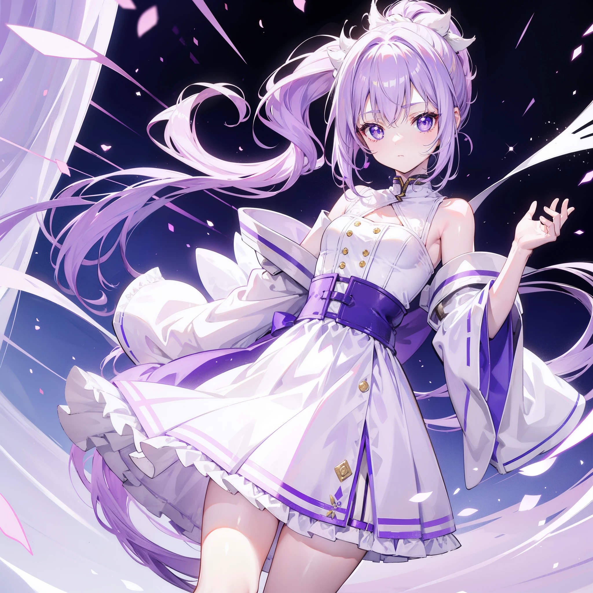 Lilac hair and ponytail,Milky white and bright light purple pupils and clothes,Petite figure,Very small, a sweet loli,It's a soft girl