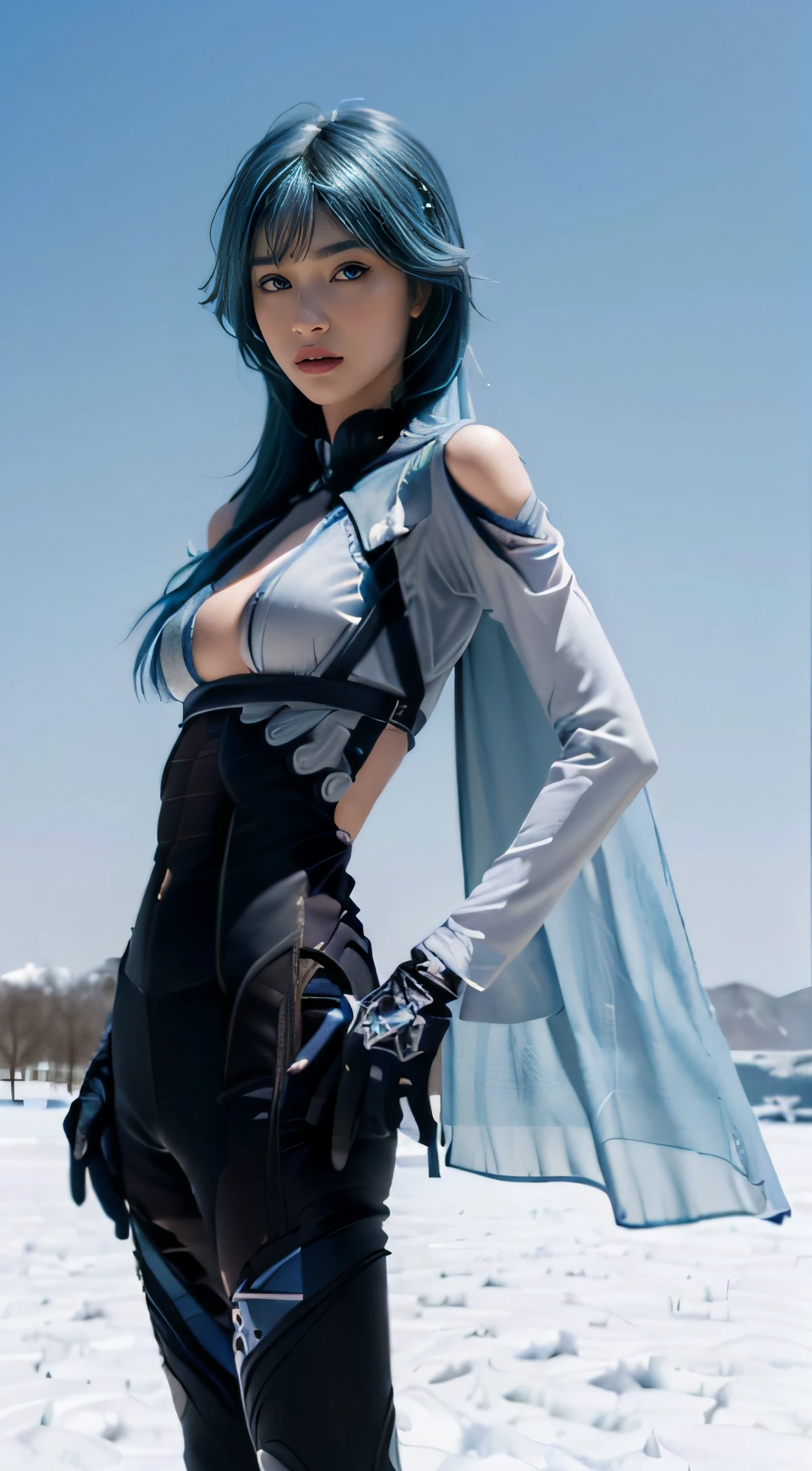 8K, Top Quality, Intricate Details, Ultra Detail, Ultra High Resolution, Masterpiece, full body, 1girl, solo, 1 girl, ((random angle)), ((small and beautiful hard nipple)), feminine and sexy posture, ((tall girl, skinny, slim, tall skinny)), (((fit body))), (((slim face))), sharp face, sharp eyes, (((sky blue hair, long hair, bangs)) small lips, long hair, ((battlesuit, transparent side cape)) , detailed face, detailed breast, Beautiful girl with accentuated slender abs: 1.4, Six Pack Abs: 1.4, Bust Botox, Big, Perfect Body, detail leg, in the snow,
