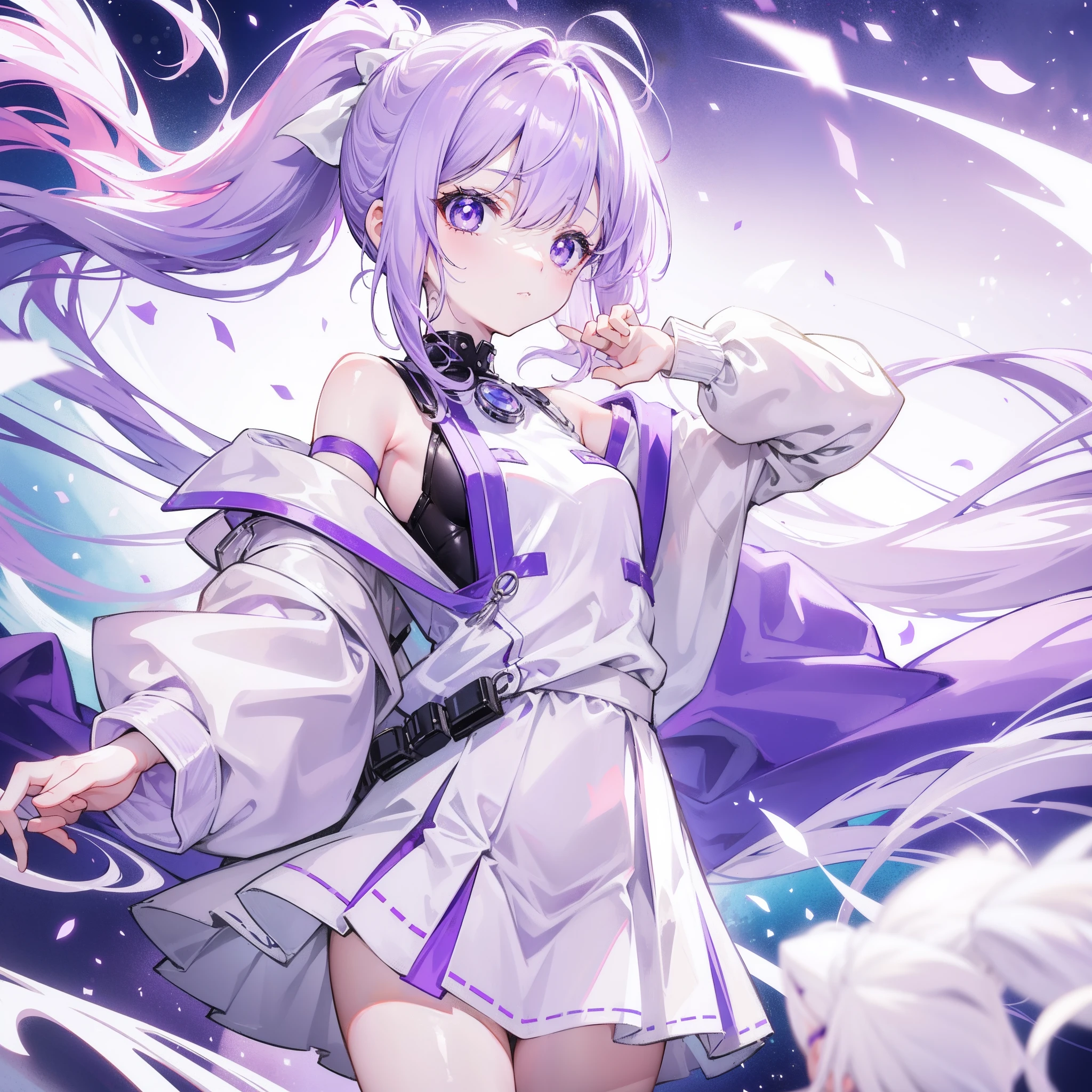 Lilac hair and ponytail，Milky white and bright light purple pupils and clothes，Petite figure，Very small, a sweet loli，It's a soft girl