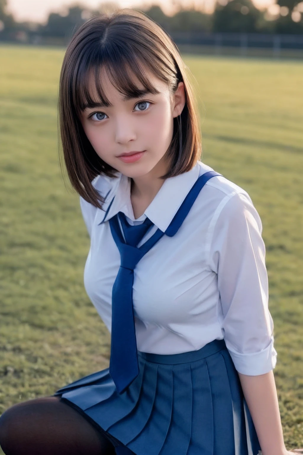 8K, Best Quality, real picture, Intricate details, Ultra-detailed, 超A high resolution, Depth Field,(Photorealistic,Realistic:1.2),masutepiece, 0.25 :: close-up , straight-on shot , from miiddle ,
1girl in, AI_chan, full bodyesbian、an extremely beautiful -yeld gi Innocent big eyes, (brown_Short_hair), (Green_Eyes:1.0),(Bangs),disheveled hair,(hair clips), perfect glossy skin, flawless skin, Fair skin, Huge breasts, cleavage, Narrow waist, Light blush, Solo, Looking at Viewer, lightsmile,
chubby under the clothes, Sweat,
Wearing ((School_uniform), (white_Skirt),(Blue_long_tie), (Blue_pleats_Skirt), (Black_pantyhose) :1.2), 
(Gravure Pose :1.1),
Sunset ,
High School in Japan ,