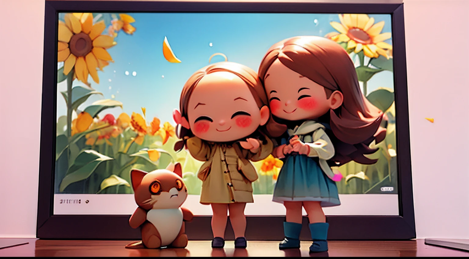 photoRealstic、Doll standing in front of the painting、bionde、laugh face、Water droplets on the cheeks、Selfie Pose、Sengai、pixiv、rokoko、dollfie dream、watercolor Nendoroid、(High Definition Figure)、flowing sakura-colored silk、nendroid、bustup、Sunflower petals、season!!: 夏 ☀ 🍂 ヒマワリ