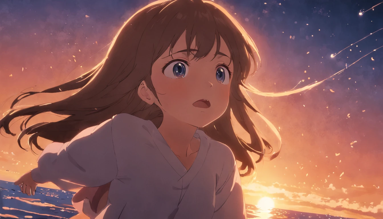 (((Calledos))) obra-prima, melhor qualidade, filme ainda, 1girl, garota nuvem, floating into the sky, close-up, brilhante, feliz, Soft lighting and Warm, sun sunset, (Sparks: 0,7)
