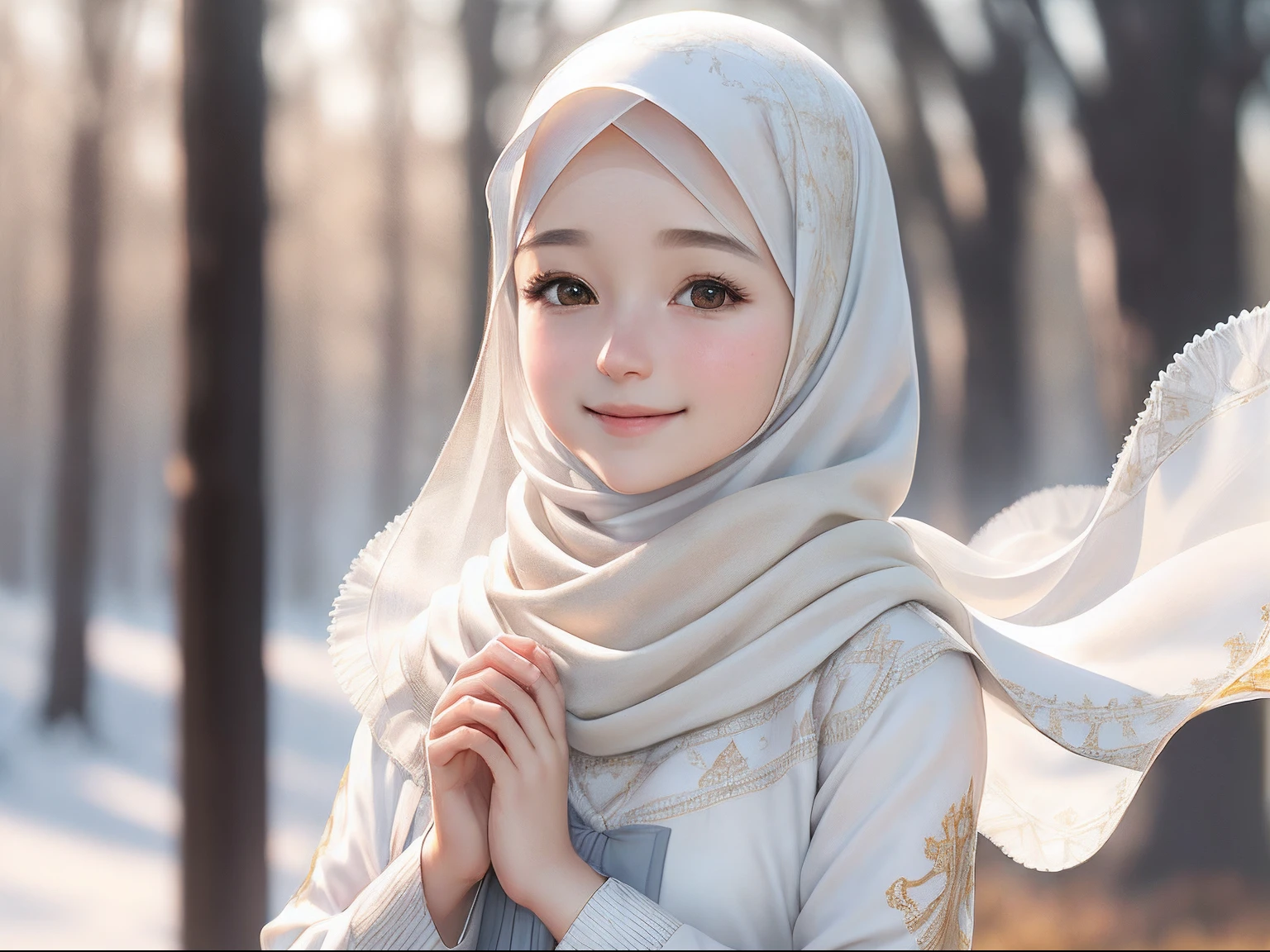 (RAW photo, best quality), (realistic, photo-realistic:1.3), 1 girl, solo girl, full body photo, extremely delicate and beautiful, Amazing, finely detail, masterpiece, ultra-detailed, highres,(best illustration), (best shadow),intricate,depth of filed, On a summer afternoon, a lovely blue female muslim dress with tunic,white pashmina hijabs, hijab, In the golden hues of winter, creating a soothing sound, shine eyes, immersing smile in harmony with nature, No hair seen,(blurry background:1.4), sharp focus, volumetric fog, 8k UHD, high quality, (film grain:1.4), apertur f/1.4, soft breeze,