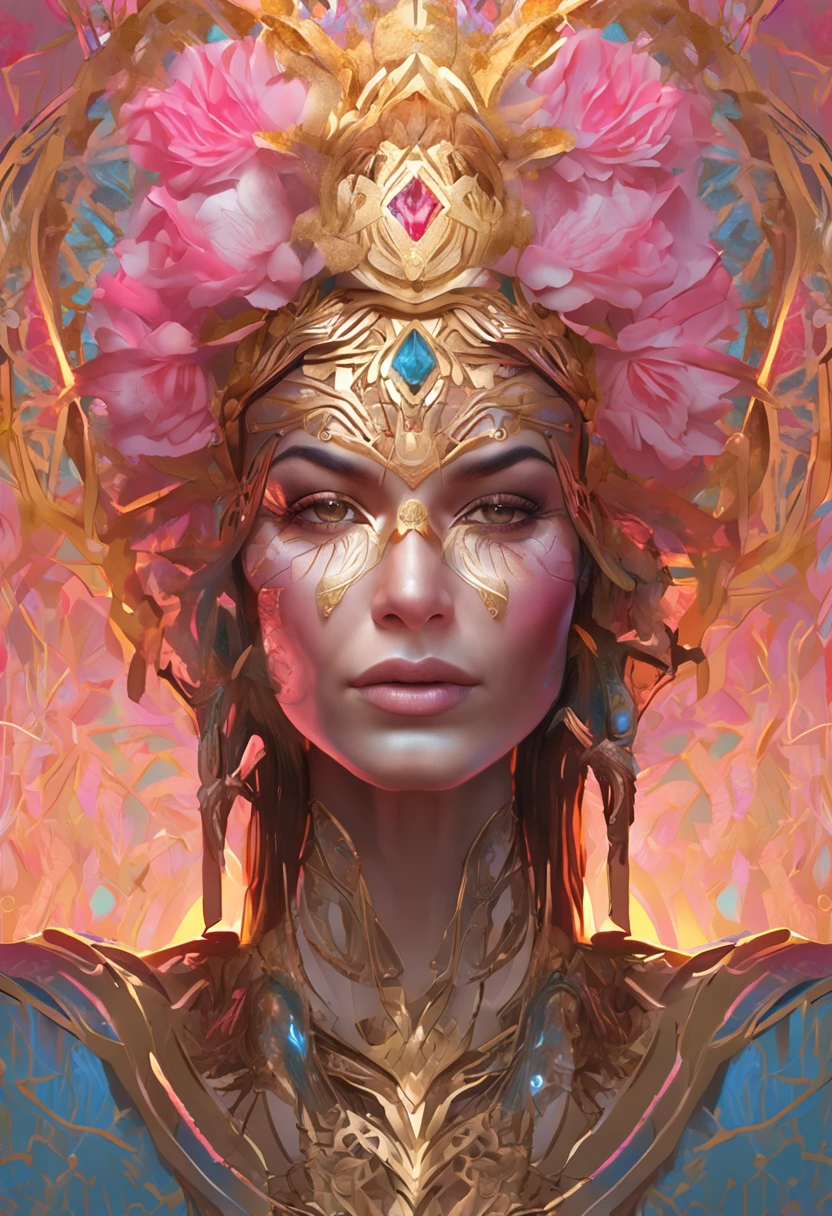 (chromaV5:1.2) (symmetry:1.1) (portrait of floral:1.05) a woman as a beautiful goddess, (assassins creed style:0.8), pink and gold and opal color scheme, beautiful intricate filegrid facepaint, intricate, elegant, highly detailed, digital painting, artstation, concept art, smooth, sharp focus, illustration, art by greg rutkowski and alphonse mucha, 8k