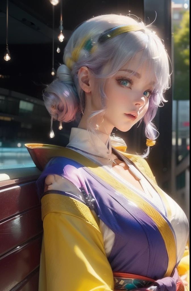 masuter piece), top-quality, ultra-detailliert, Beautiful work, Floating feeling, hight resolution, futuristic background、Dynamic angles, Dynamic Poses, 1People Girls, Blue eyes, (multicolored hair+Silver hair:1.3+red hairs:1.2+Purple hair+yellow hair:1.3+Green hair:1.3), White kimono, Ribbon around the neck, Beautiful expression, A lot of water droplets, clouds, Twilight, Wide Shot, watercolor paiting