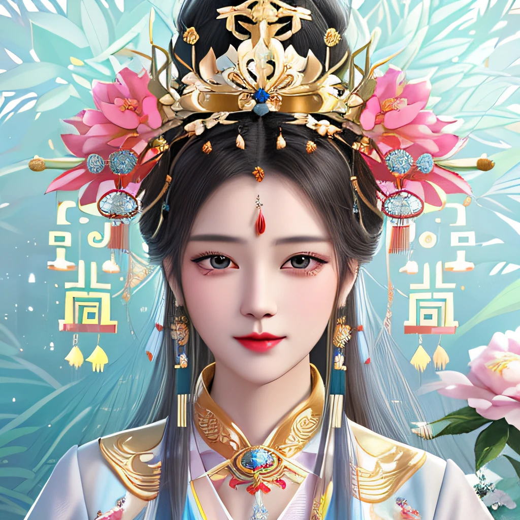 Close-up of a woman wearing a gold headdress and a blue dress, ((a beautiful fantasy empress)), a beautiful fantasy empress, Chinese style, Princesa chinesa antiga, Chinese traditional, China Princess, gorgeous and huge head ornaments, ancient china art style, Beautiful rendering of the Tang Dynasty, chinese empress, Palace , A girl in Hanfu, with ancient chinese aesthetic