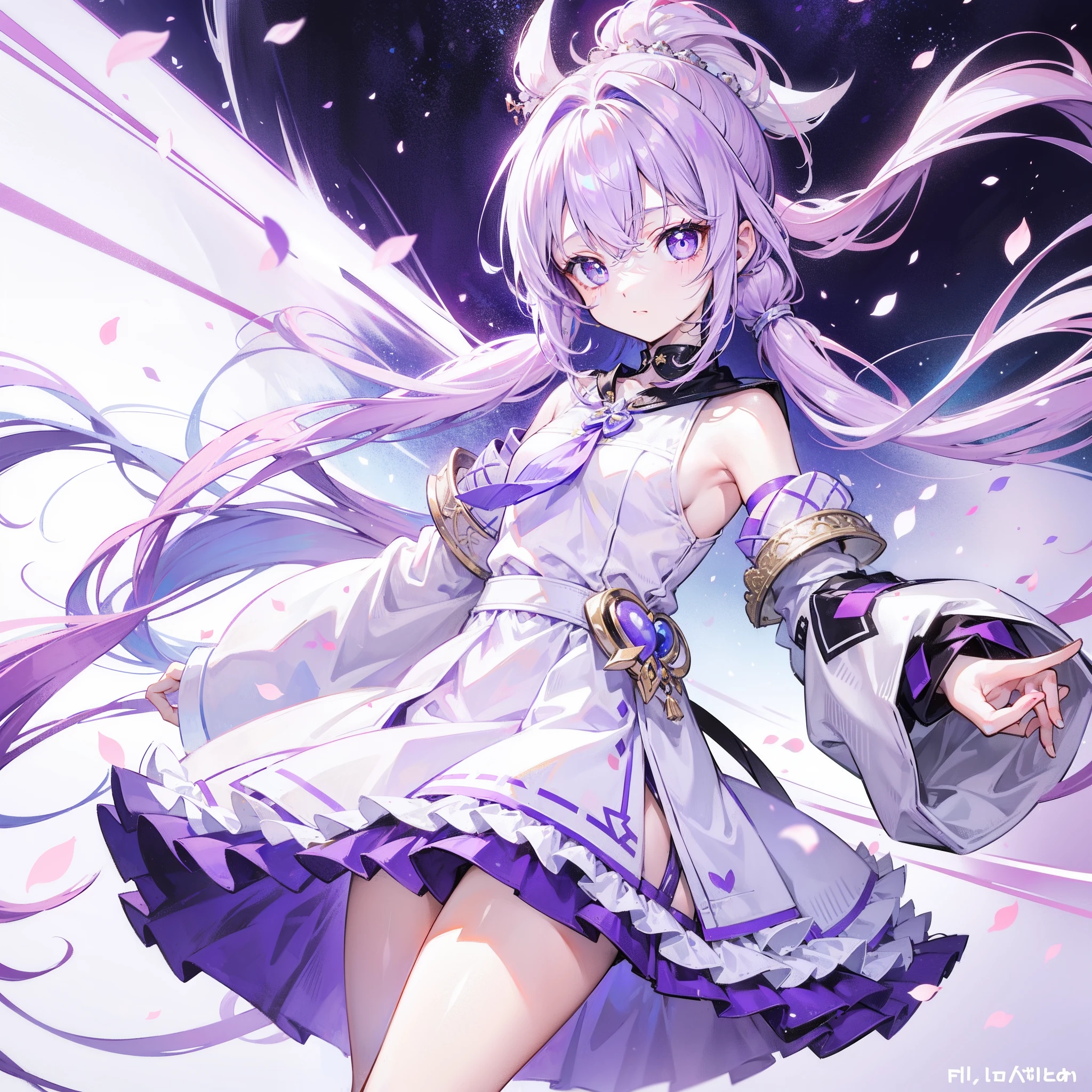 Lilac hair and ponytail，Milky white and bright light purple pupils and clothes，Petite figure，Very small, a sweet li，It's a soft girl