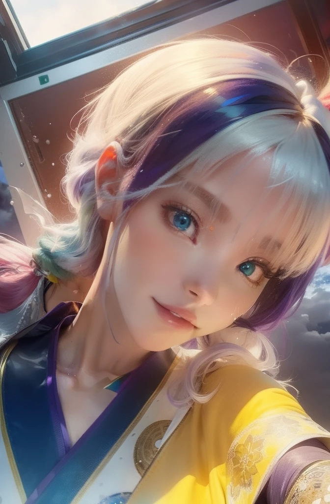 masuter piece), top-quality, ultra-detailliert, Beautiful work, Floating feeling, hight resolution, futuristic background、Dynamic angles, Dynamic Poses, １People Girls, Blue eyes, (multicolored hair+Silver hair:1.3+red hairs:1.2+Purple hair+yellow  hair:1.3+Green hair:1.3), White kimono, Ribbon around the neck, Beautiful expression, A lot of water droplets, ​​clouds, Twilight, Wide Shot, watercolor paiting