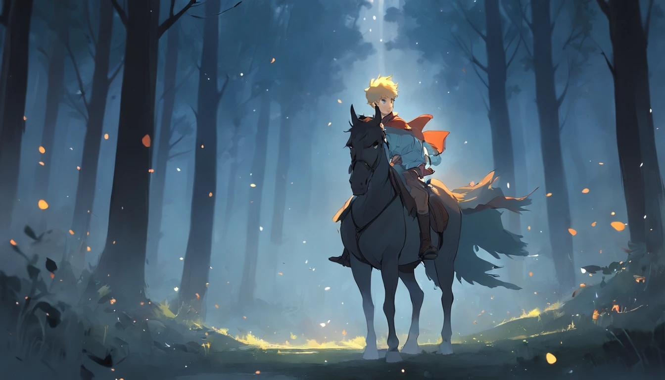The prince rides a horse,Face the dark mysterious forest。He looked determined,Get ready for adventure。The forest is surrounded by mysterious lights and misty trees。