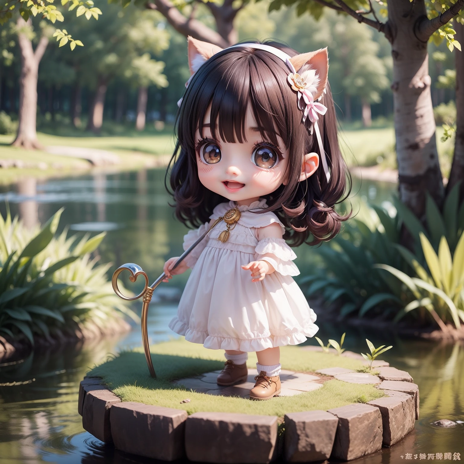 Cute Baby Chibi Anime,Super masterpiece, top-quality, Ultra-detailed, girl1、（（（Chibi）））、A dark-haired、magical little girl、magic circles、Magic cane、Open your mouth and smile、Looking at the camera、Fulll body Shot、Forests and lakes in the magical land of fairy tales