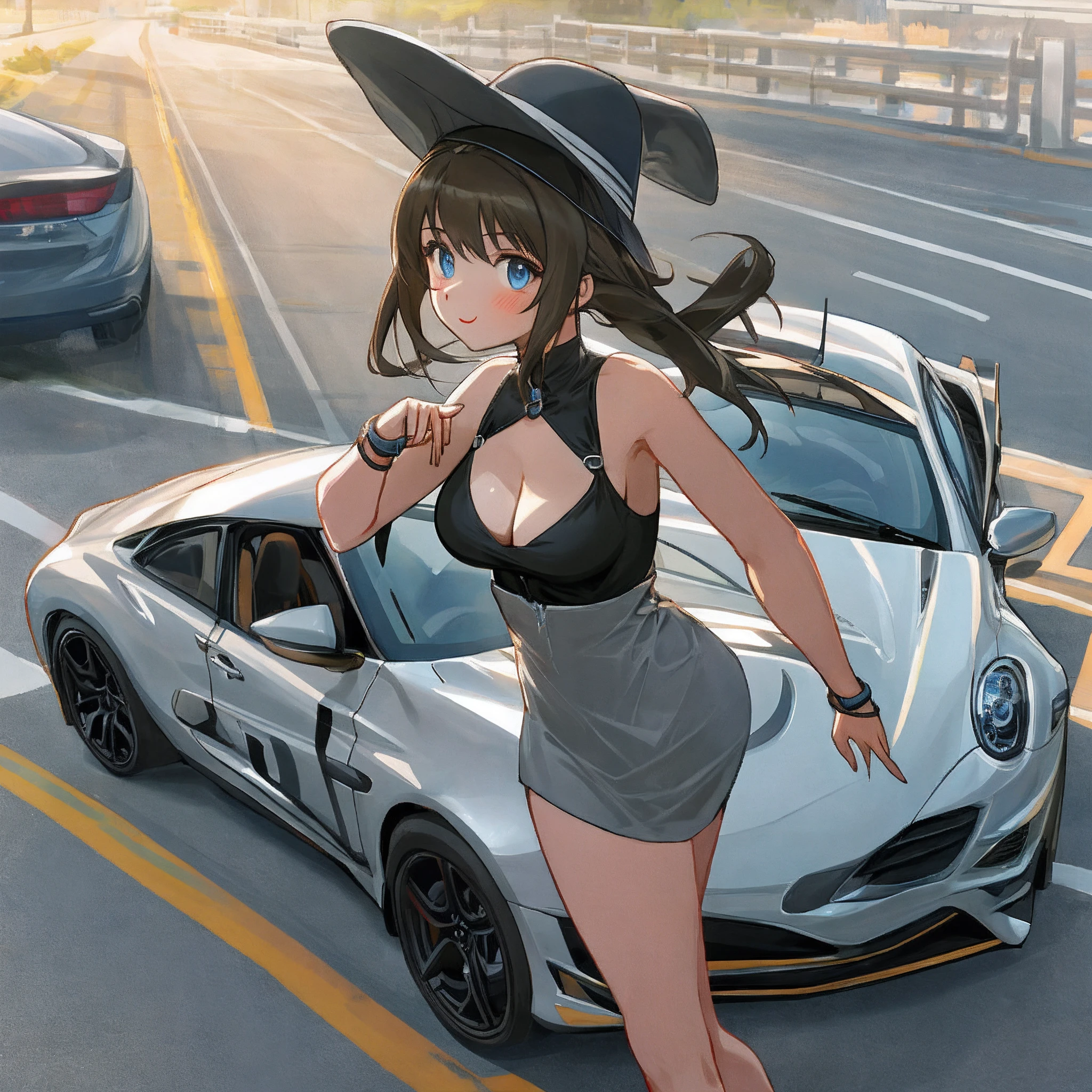 cute girl big breasts holding a small car