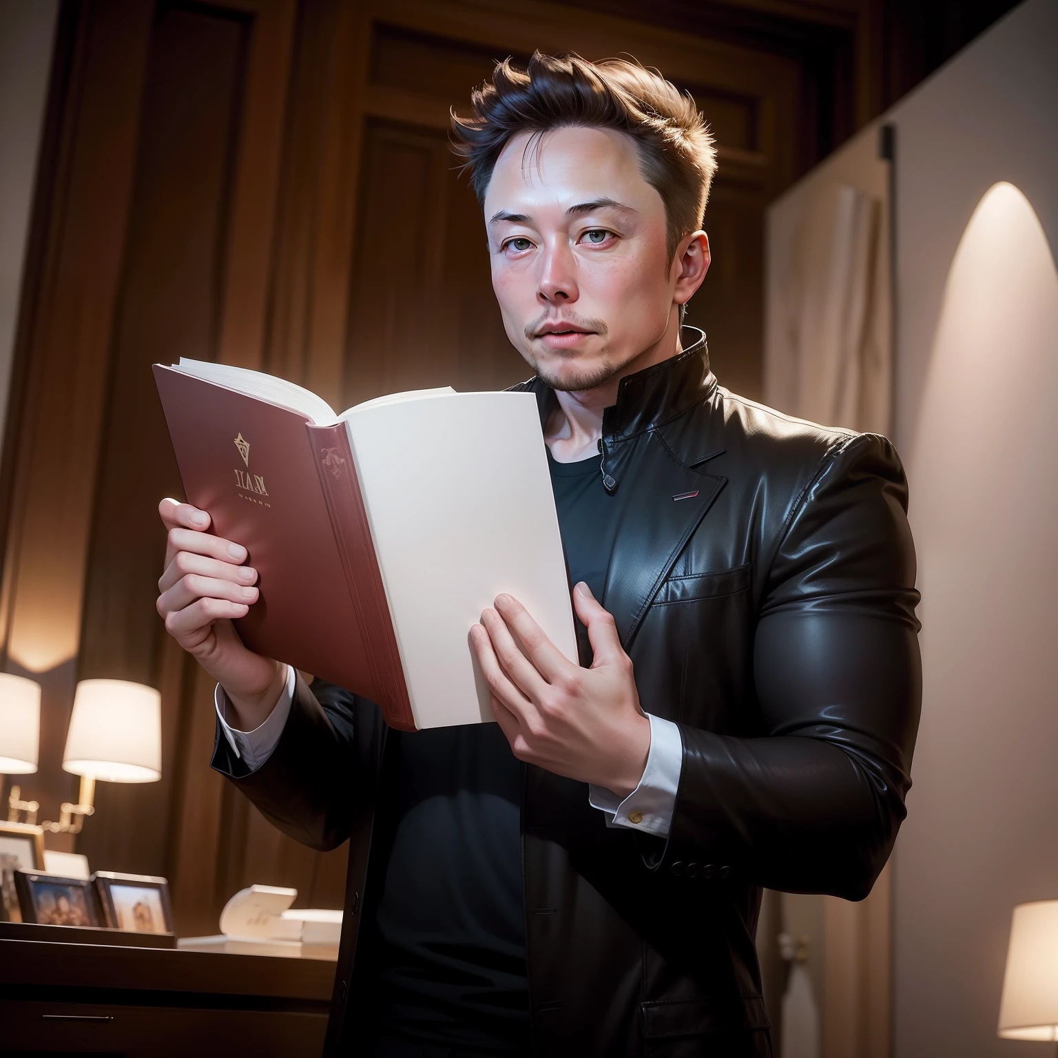 Elon musk holding a book , the book title " the masterpiece of ivan choo". Holding the book showing the book title