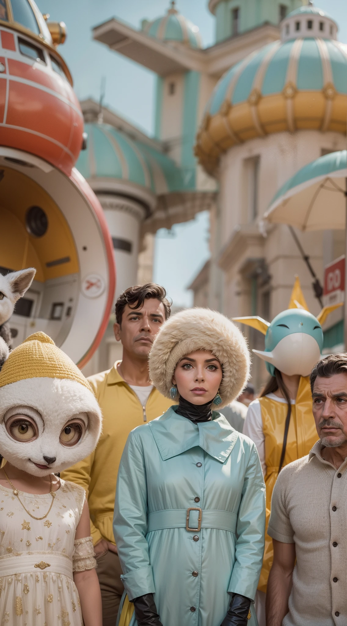 8k portrait of a 1960s science fiction film by Wes Anderson, em 1960, pastels colors, There are people wearing weird futuristic masks and wearing extravagant retro fashion outfits and men and women wearing alien makeup and old ornaments with mechanical pets in town, Luz Natural, Psicodelia, futurista estranho, fotorrealista, hiper detalhado, foco nítido, Intrinsic, Fuji filmes 55mm,