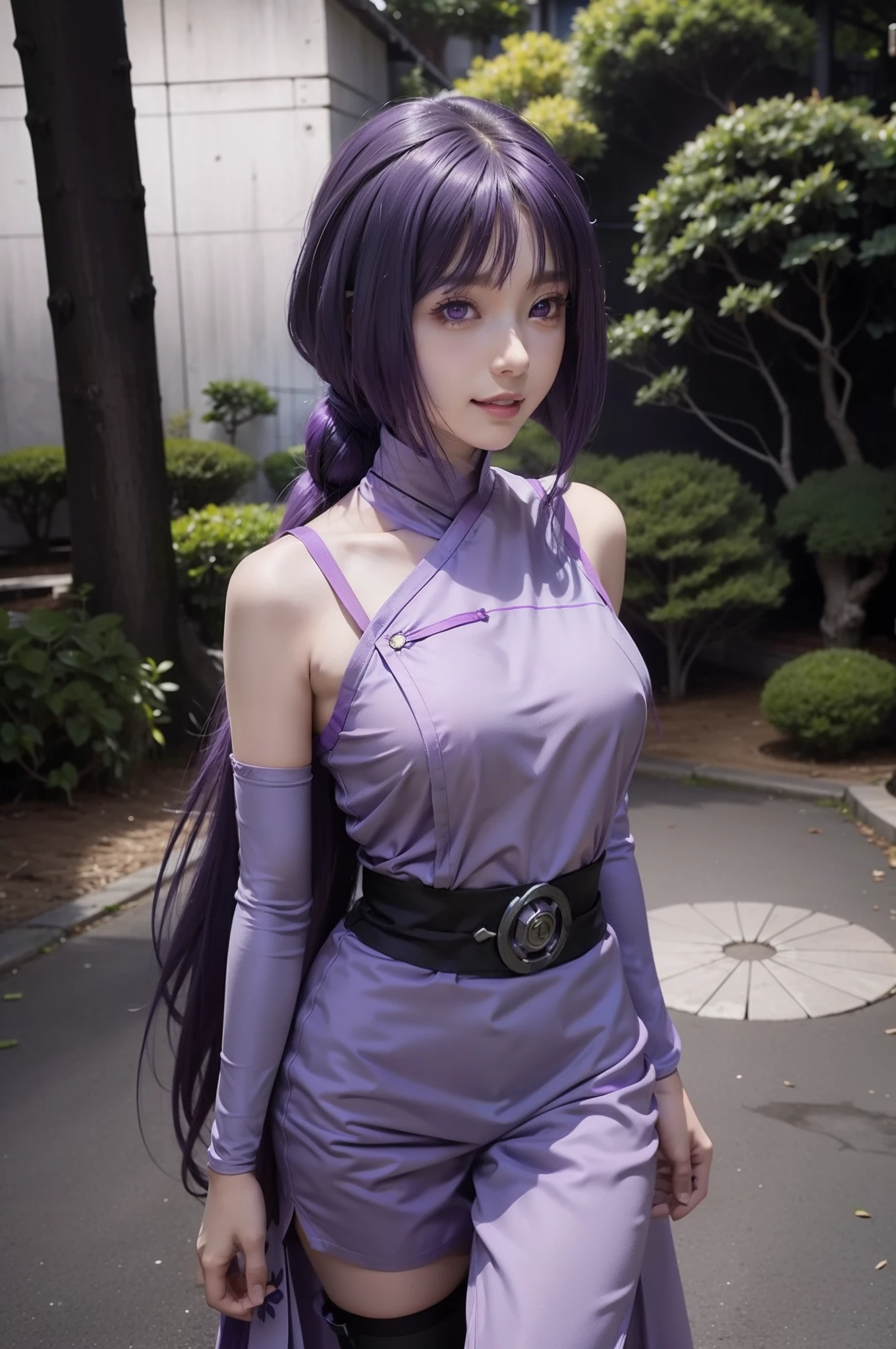 1girl, sumire in anime boruto, long hair, purple hair, purple eyes, smile, beautiful, sexy dress, sexy clothes, purple clothes, very big breast, realistic clothes, detail clothes, outdoor background, ultra detail, realistic