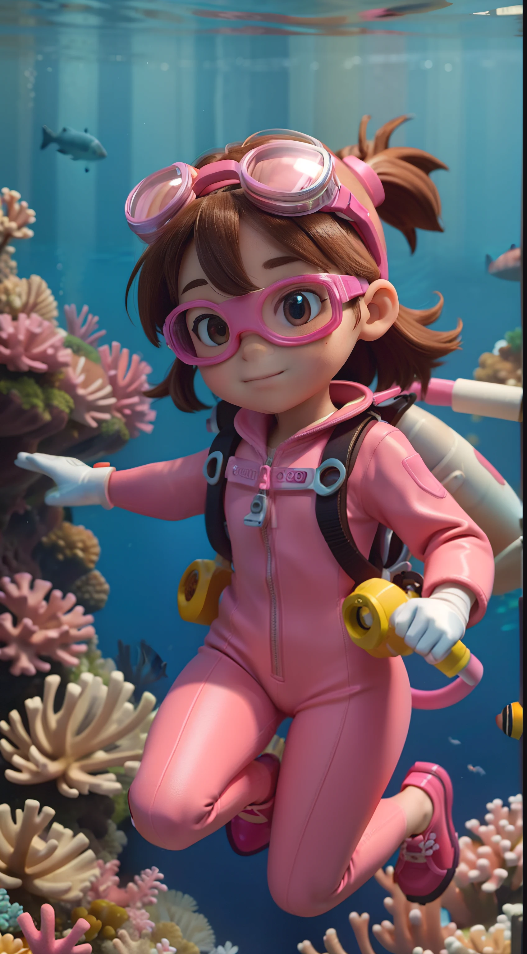 "High quality, masterpiece, 5-year-old little girl, brown hair, pink diving suit, diving goggles, pink diving gloves, pink diving shoes, swimming towards the camera, underwater, coral reef, fish."