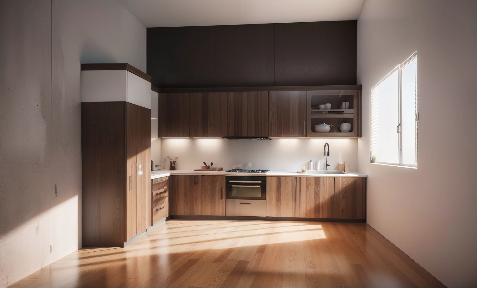 there is a kitchen with a sink, stove, and refrigerator, wood cabinets, wood accents, porcelain tiles floor, vibrant aesthetic, fresh modern look, brown wood cabinets, clean and simple, functional and elegant look, beautiful aesthetic design, retro vibe, with backdrop of natural light, vivid and detailed, modern earthy neutral earthy, clean style, modern rustic, 8k)), simple clean lines, 8k post, 8 k post,high quality picture, superb detail 8k, by Jacob Pynas, everything is real, architectural shot, modern design, colorfull, perfect