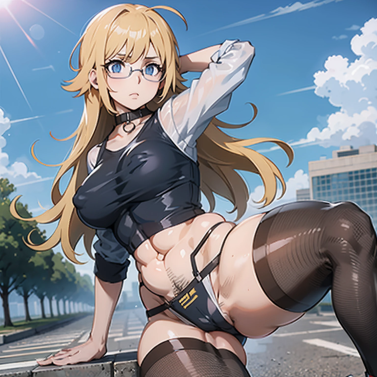 Gros seins. Anime Girls. Yeux de style anime. Setting image. Perfect student. seulement. Highest quality, It has a simple_background,fille, femme, Female, jeune,20 ans, cheveux longs, flipped out hair, frange, cheveux blonds, messy long hair, Defense, lunettes, yeux noirs、unkempt hair、