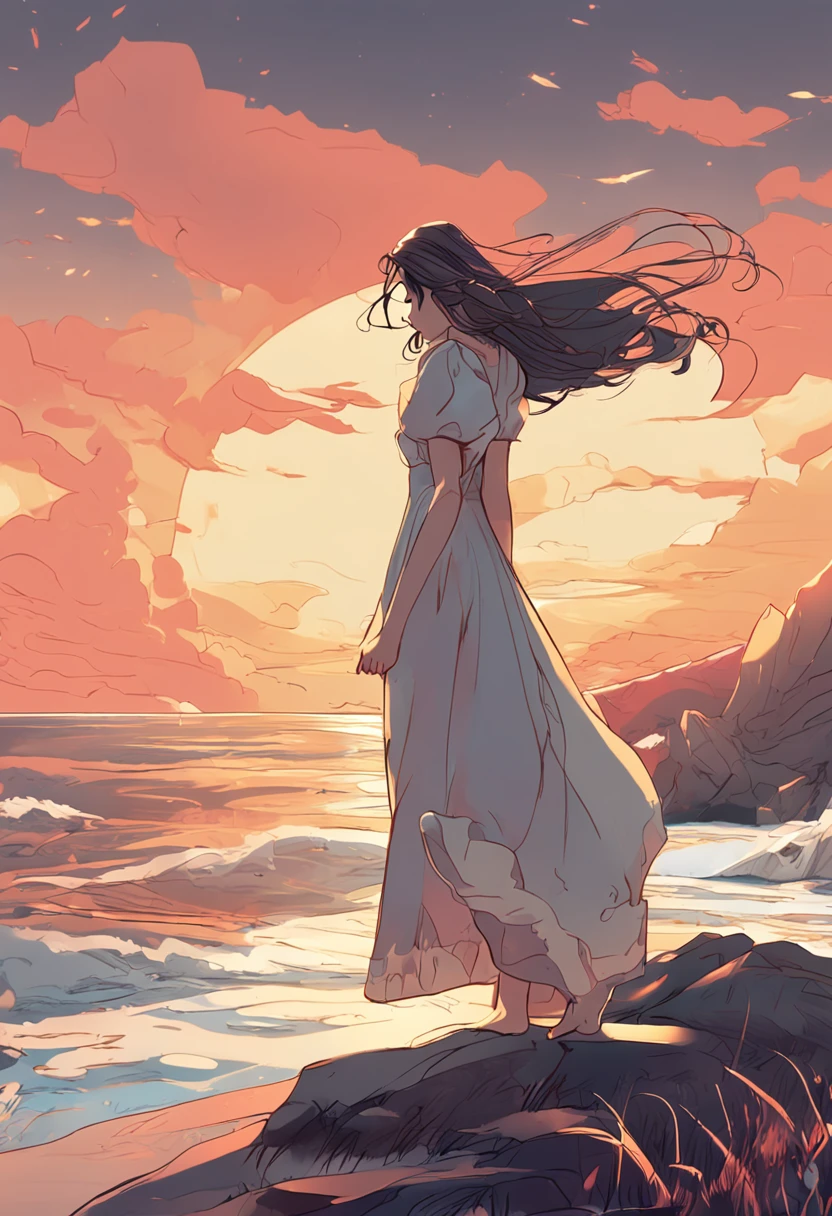2D Beautiful Girl，She wears a snow-white transparent dress that is slightly blown by the wind，silber hair，There was a faint sadness in his eyes，By the sea at sunset，Looking at the sunset in the distance。
