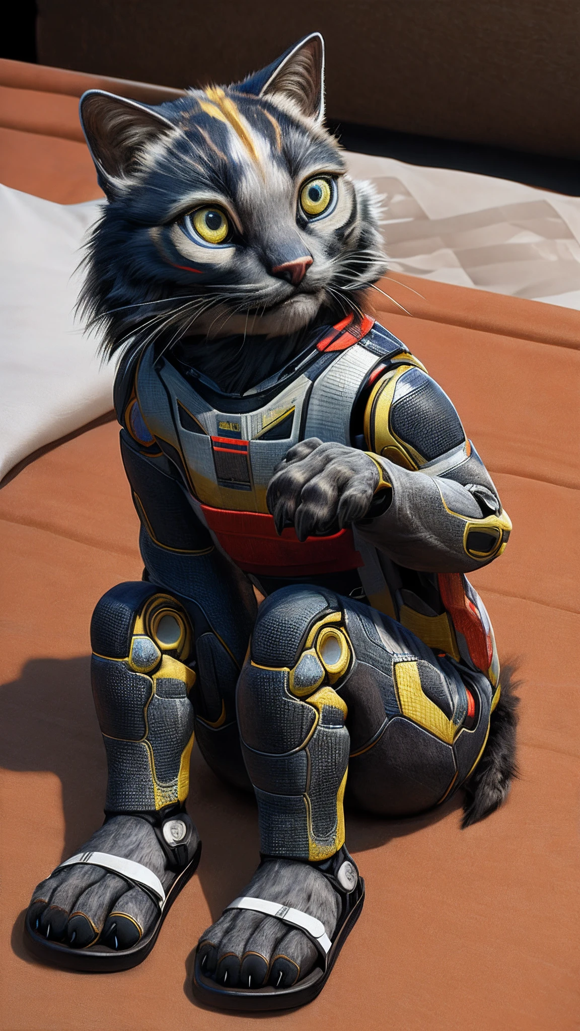 Bionic robot cat，female，Android，Red Lingeri，sandals，Sitting on a hotel bed，Bundled，HD graphics，Detailed and realistic，high detal，high qulity，photo-realistic，photorealistic eye，Detailed paws，Clear eyes，Masterpiece artwork，Five-fingered hands，top-quality，32k，hyper HD