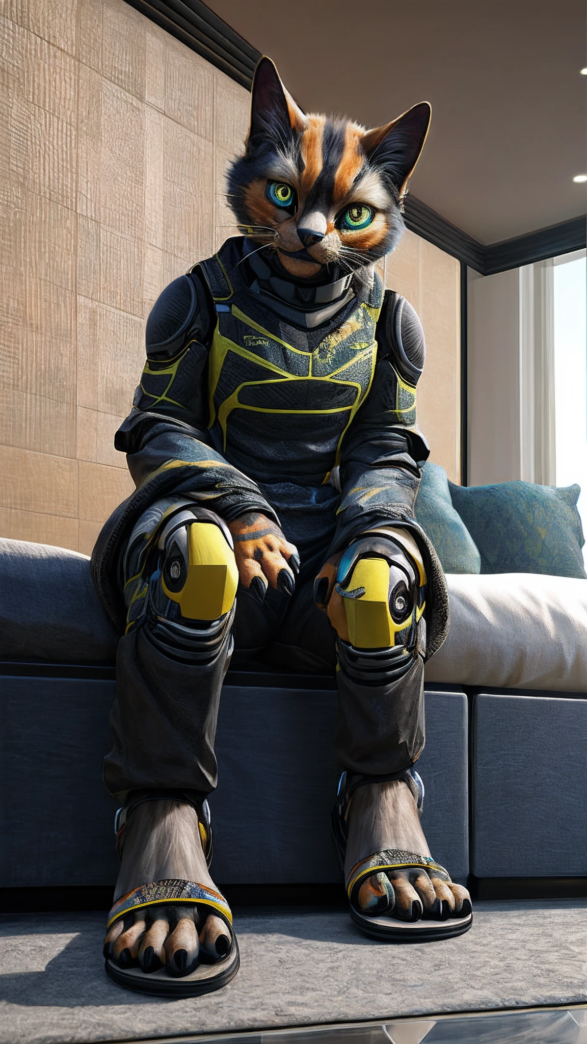 Bionic robot cat,female,Android,Red Lingeri,sandals,Sitting on a hotel bed,Bundled,HD graphics,Detailed and realistic,high detal,high qulity,photo-realistic,photorealistic eye,Detailed paws,Clear eyes,Masterpiece artwork,Five-fingered hands,top-quality,32k,hyper HD