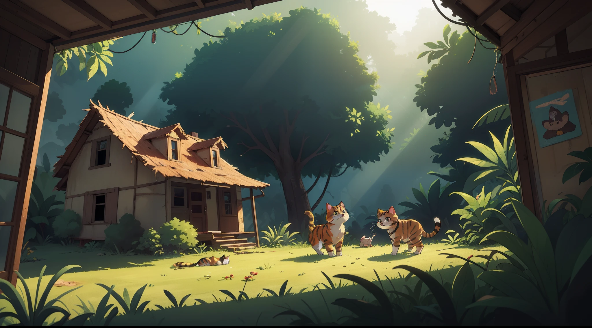 A cat is living in an abandoned house in the middle of the jungle, dia ensolarado, Volumetric lights, dynamic compositing, detalhes intrincados, high definiton, extremely high-resolution, scenic view, estilo anime