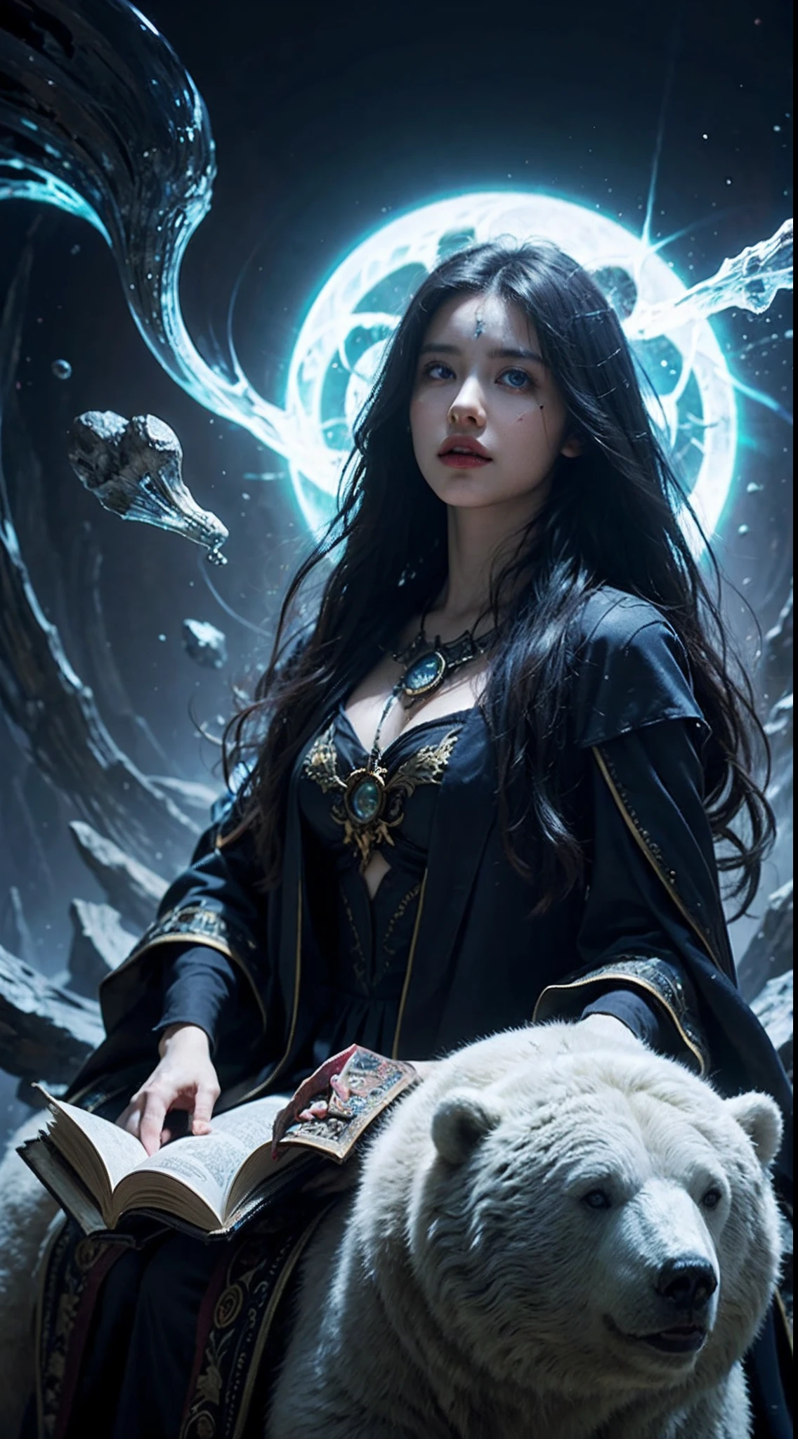 A crystal castle sealed in a magic book,Blood,Night, Dark, (fantasy),unlimited,Deep blue sky,The abyss of knowledge,cowl,((masutepiece)), (((Best quality))),((Beautiful fine eyes)),(eyeslashes)、(((Beautiful girl riding a huge white bear)))、(1 rapariga)、The perfect human structure、Blowing in the wind、long whitr hair、abyss eyes、glowy skin、oiled、small tits、Wizard robes、Tattered fabric、Realistic coat、Think、Super delicate CG Unity 32k wallpaper、tmasterpiece, ((ultra - detailed)), ((illustratio)),Extremely colorful,the wallpaper,energy,Unknown terror,mind bending,Around the magic,Magical environment,wands,Boken,Flight page,Know it all,Predicting the future、Learn about the past、Infinite wisdom、Blue Flame、Warlock、Magic Circles、pentacle、Spells、mantra、Singing magic