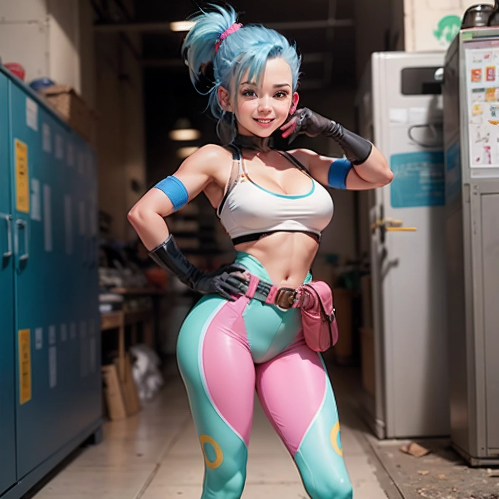 Bulma from Dragon Ball anime,adventurous, vibrant blue hair , beautiful intricate eyes,  pink dress , green belt ,  leggings,  white boots, gloves, and a small pouch for  tools , charming smile, youthful and cute face,  slender figure,  inventor , scientist,  tools ,  capsule device and a high-tech scouter large breasts --auto --s2