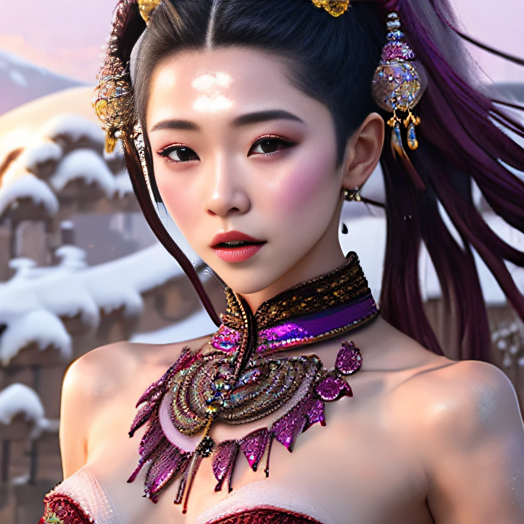 Muddy ground after snow，32K（tmasterpiece，k hd，hyper HD，32K）Purple-pink double ponytail，Girl naked in gold body jewelry, Highly detailed face and skin texture, ((White skin)) Big burgundy eyes, Slim face, Juicy mouth, Bright gray lips, big bimbo puffy breast, chest plate ((Haizhou curly black hair)), blusher