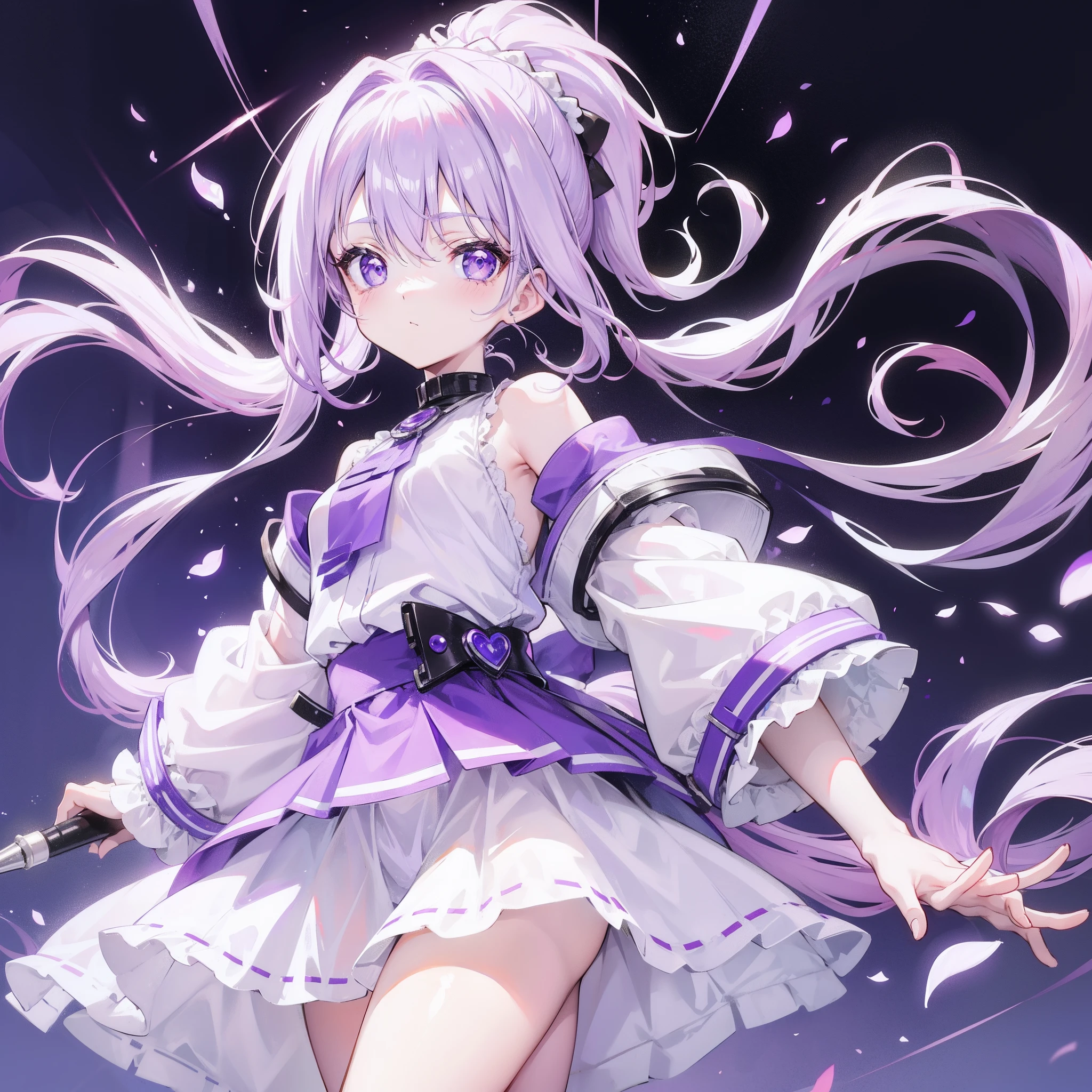 Lilac hair and ponytail，Milky white and bright light purple pupils and clothes，Petite figure，Very small, a sweet loli，It's a soft girl