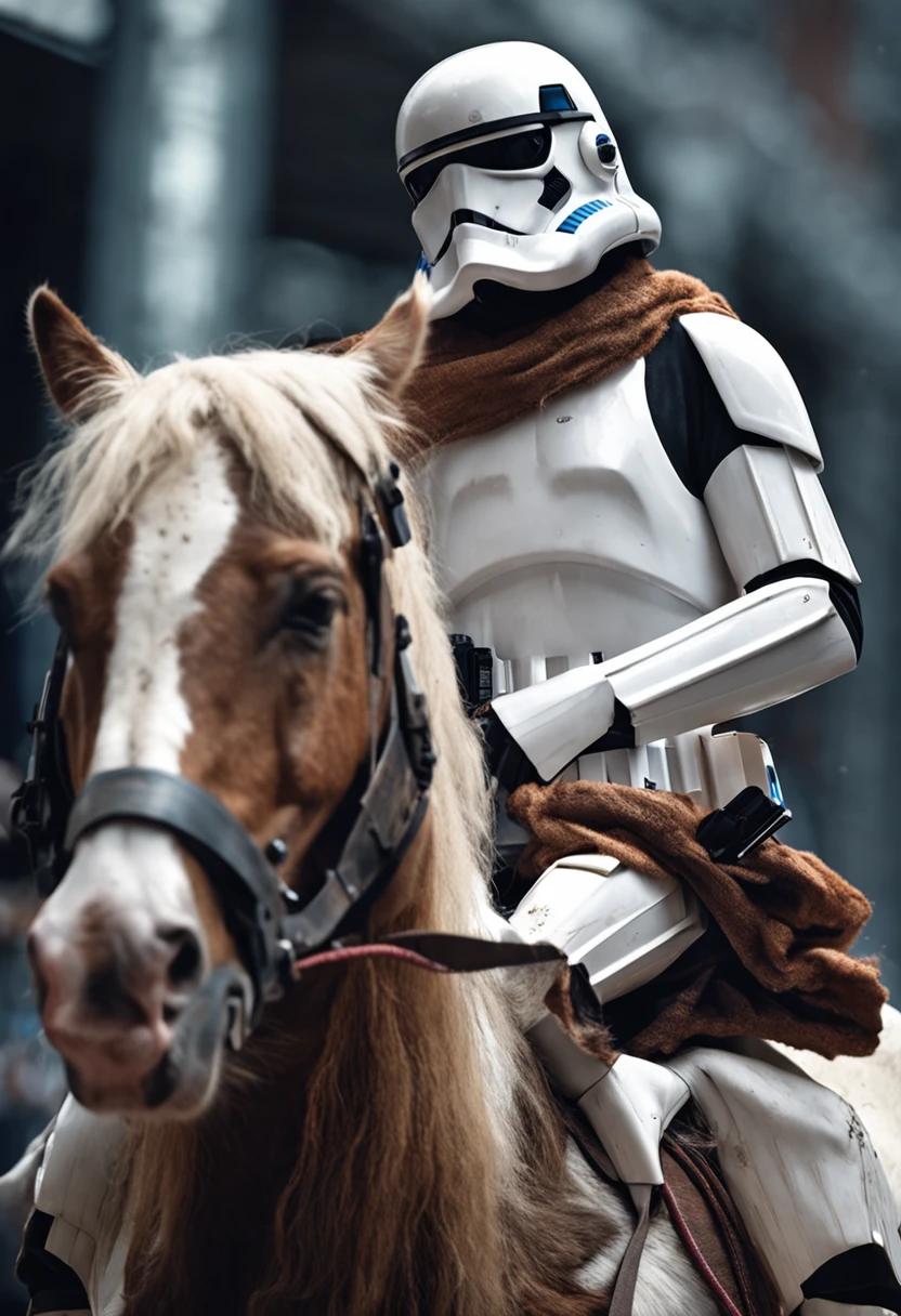 Un stormtrooper de star wars montando un caballo. detalles alto,8k