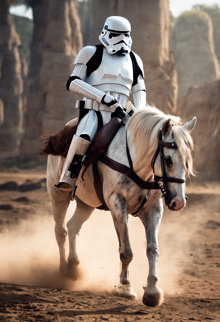 Un stormtrooper de star wars montando un caballo. detalles alto,8k