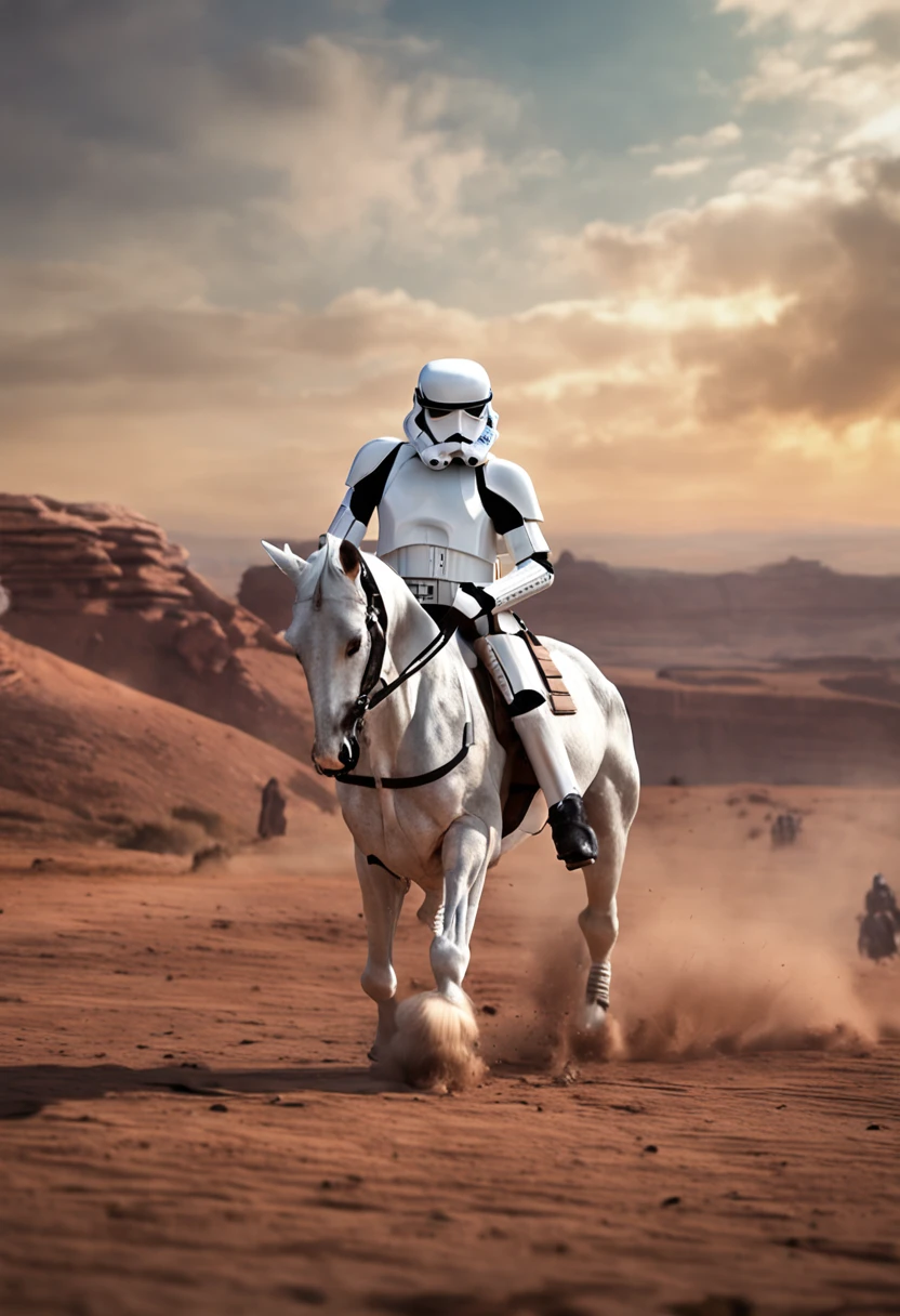 Un stormtrooper de star wars montando un caballo. detalles alto,8k