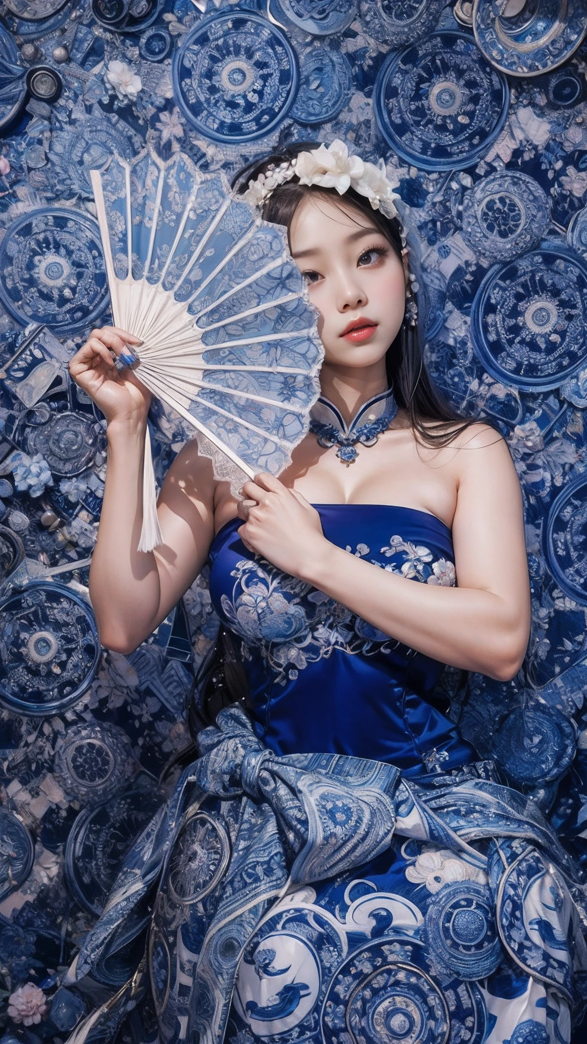 tmasterpiece,high qulity,one-girl,Wear a blue and white cheongsam,big breasts beautiful,Raised sexy,Hold a paper fan in your right hand,Soft lighting,4K